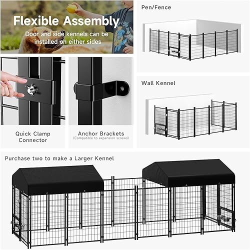 Miniatura 7 de Perrera para Perros al Aire Libre, Perrera para Perros con Techo y Comederos GiratoriosPuerta para Perros Desmontable Permite Conectar Su Casa para