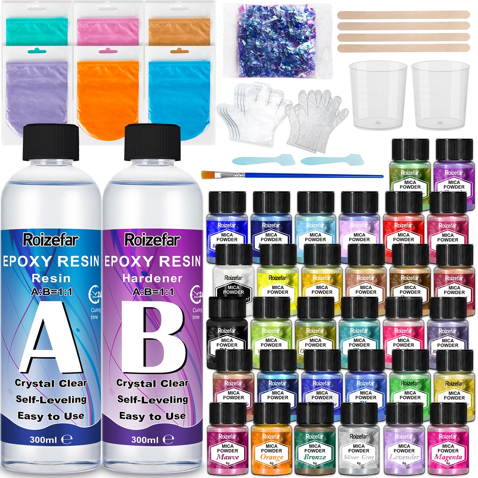 Roizefar Polvere di Mica - Pigmento di Resina Epossidica 32 Colori, Colorante in Polvere Metallico per la Creazione di Gioielli, Resina Epossidica Trasparente Kit 600ml