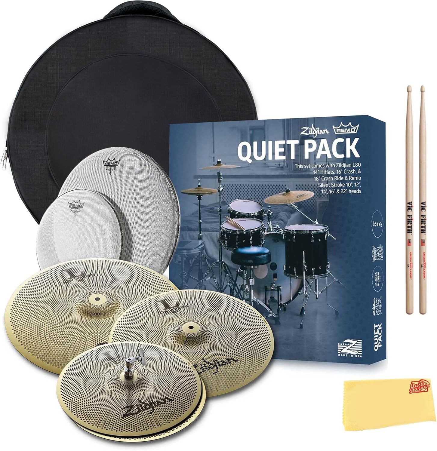 Zildjian LV468RH Special Edition L80 Low Volume Cymbal Pack with Remo Silentstroke Heads Bundle with Bag, Drumsticks, and Austin Bazaar Polishing Cloth
