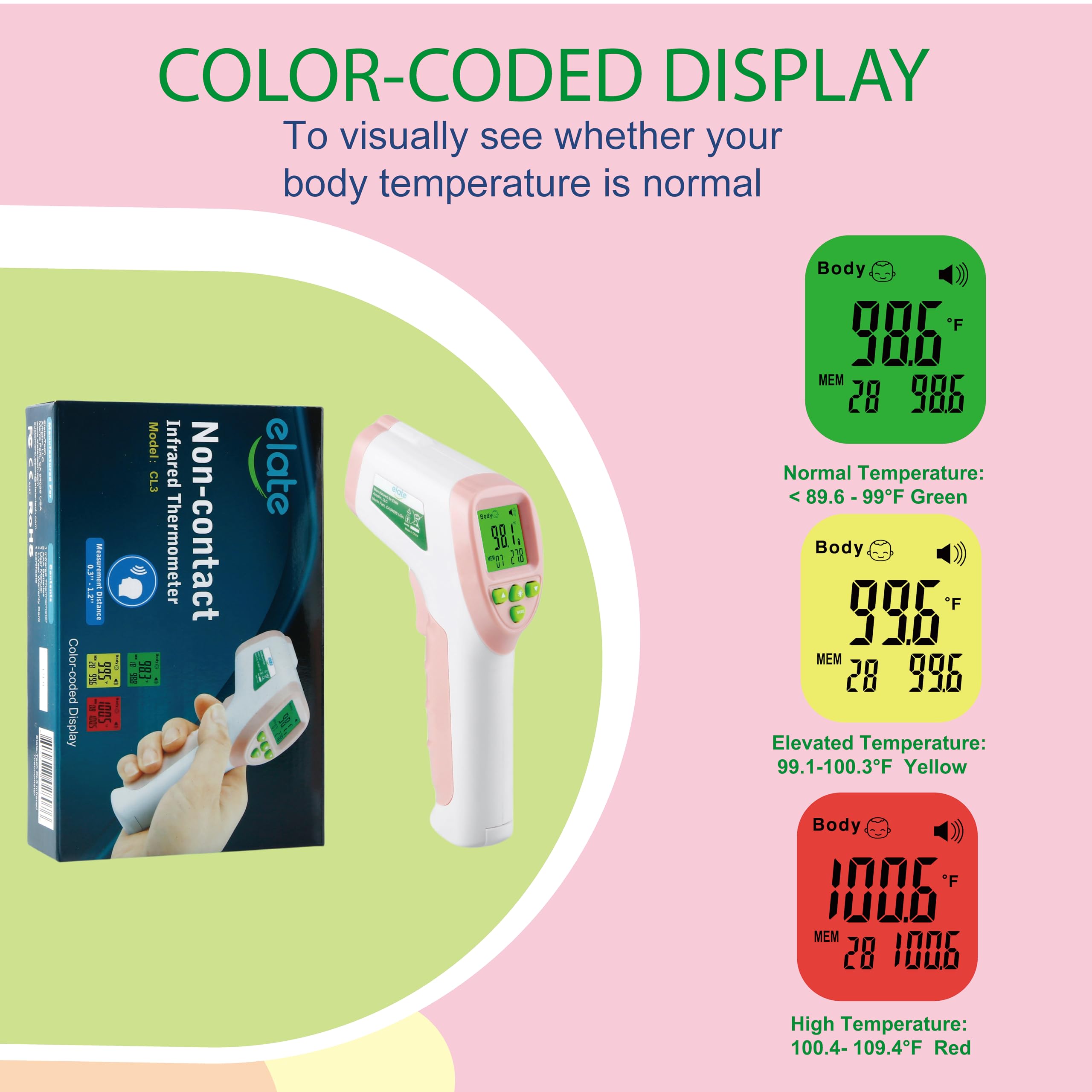 Elate Termómetro de frente | Termómetro de bebé para adultos, niños, bebés | Infrarrojo digital sin contacto con alarma de fiebre | Accesorios de grado médico para el hogar para enfermeras |