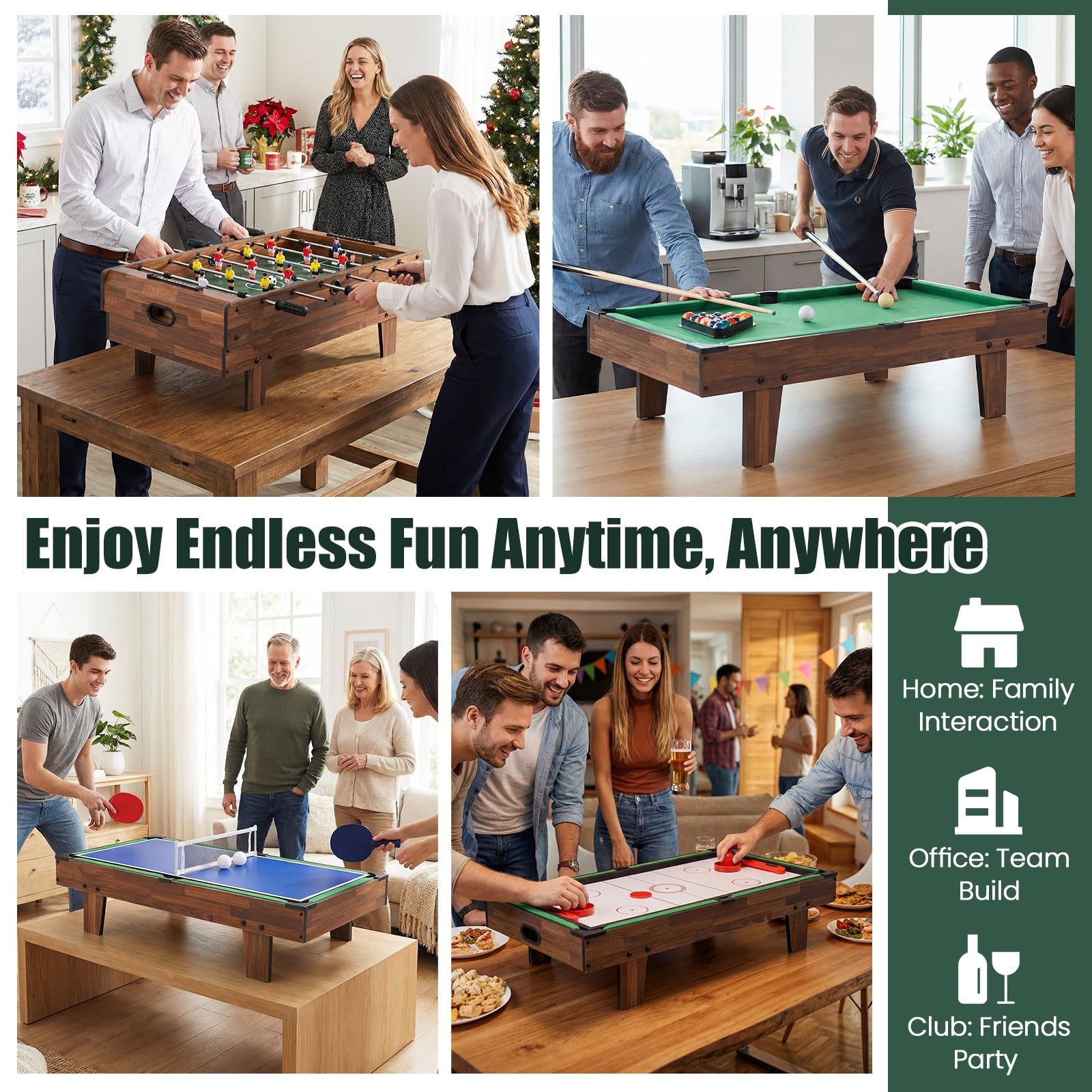 RELAX4LIFE 4 in 1 Tavolo Multigioco con Calcio Balilla, Biliardino, Ping pong e Hockey ad Aria, per Bambini e Adulti, Casa Ufficio Bar, 81 x 43 x 30,5 cm
