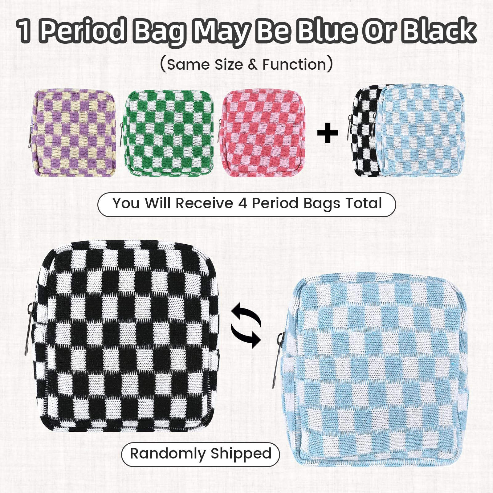 4 PCS Sanitary Napkin Storage Bag, Menstrual Pad Zipper Period Pouch Portable Period Bag Panty Liners, Pad Pouch with Zipper for Women Ladies Daily Use Purse Travel(Checkered,4 Colors)