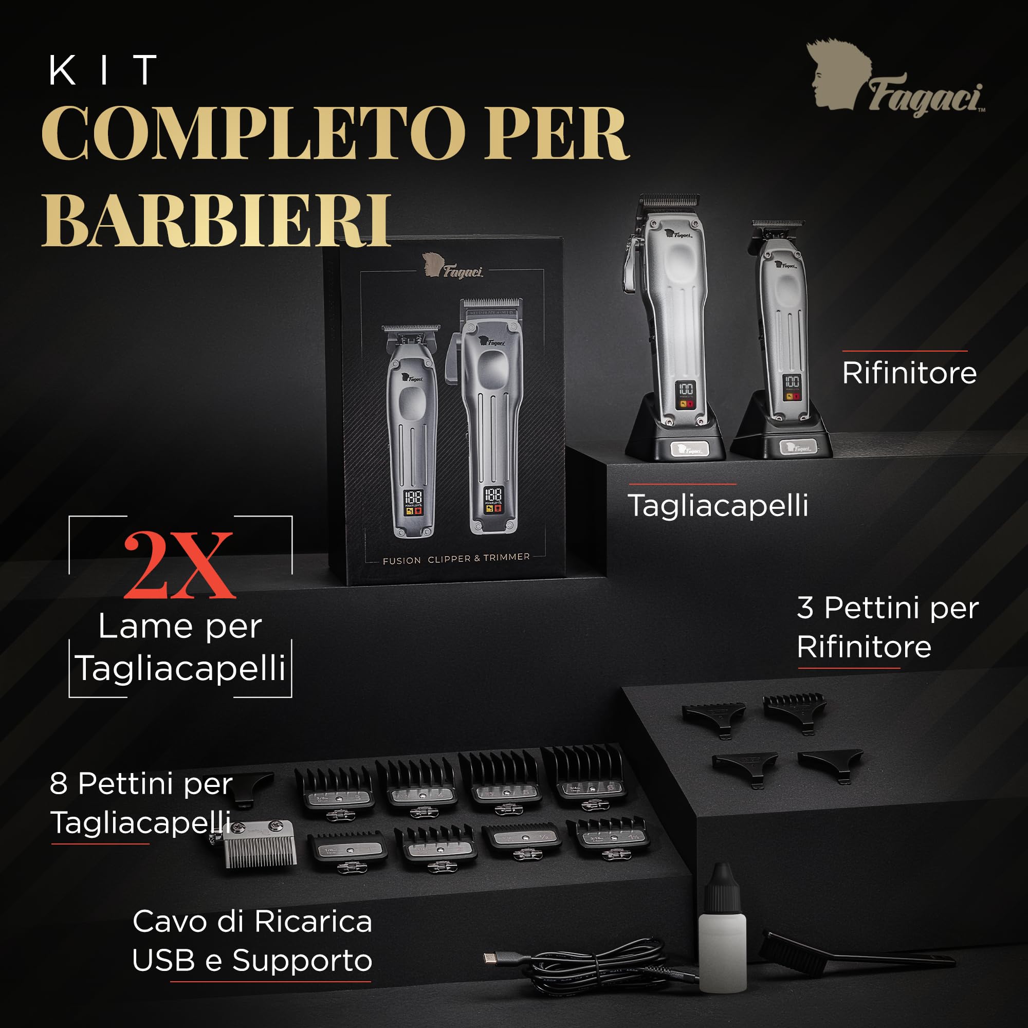 Fagaci Tagliacapelli e Regolabarba Uomo, Lame Fade e Taper | Lame facili da cambiare, premi e incastra, Linee nitide e fade dettagliati, Taglio fresco senza surriscaldare