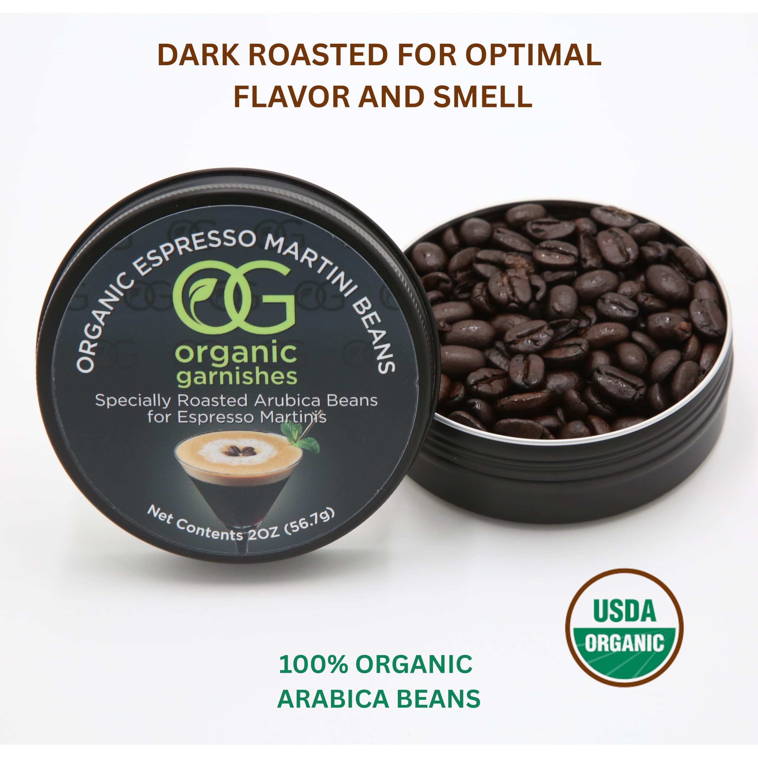ORGANIC ESPRESSO MARTINI BEANS - MARTINI GARNISH FOR COCKTAILS - EDIBLE DARK ROAST ESPRESSO BEANS - OG ORGANIC GARNISHES - CRAFT COCKTAIL - HOME BARTENDER - MIXOLOGY - 2oz TIN