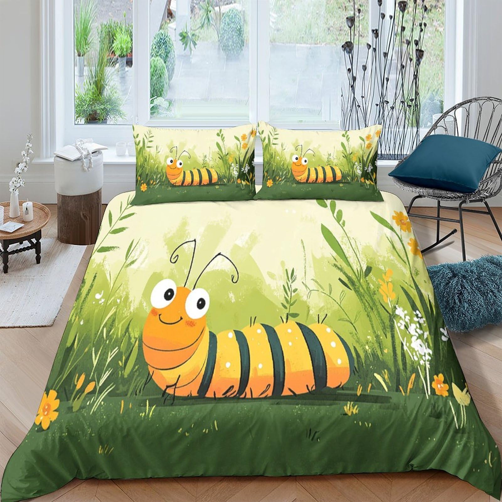 Ctjqhvkz Style-10 3D Printed Cartoon Bee Fitted Sheet Microfiber Soft Green Grass Mattress Cover For Bedroom Dorm Room Decor Single（135X200cm）
