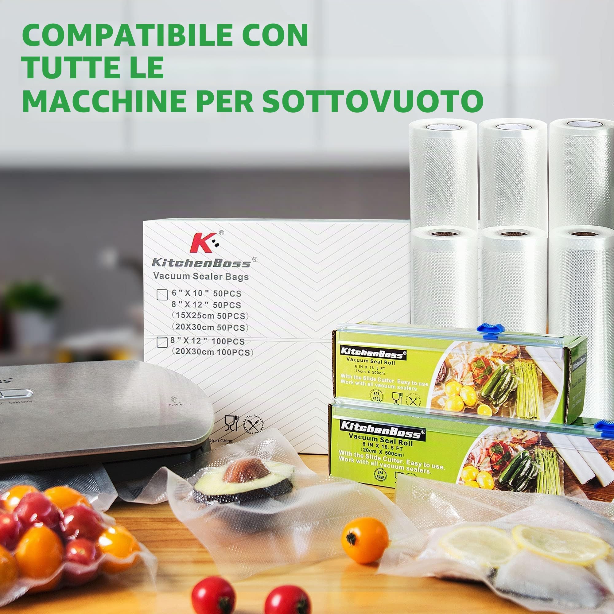 KitchenBoss Sacchetti per il Sottovuoto Alimenti, 3 Rotoli 20x500cm, Sacchetti Sottovuoto Alimenti, Rotoli per Sottovuoto Alimenti rotolo sottovuoto alimenti