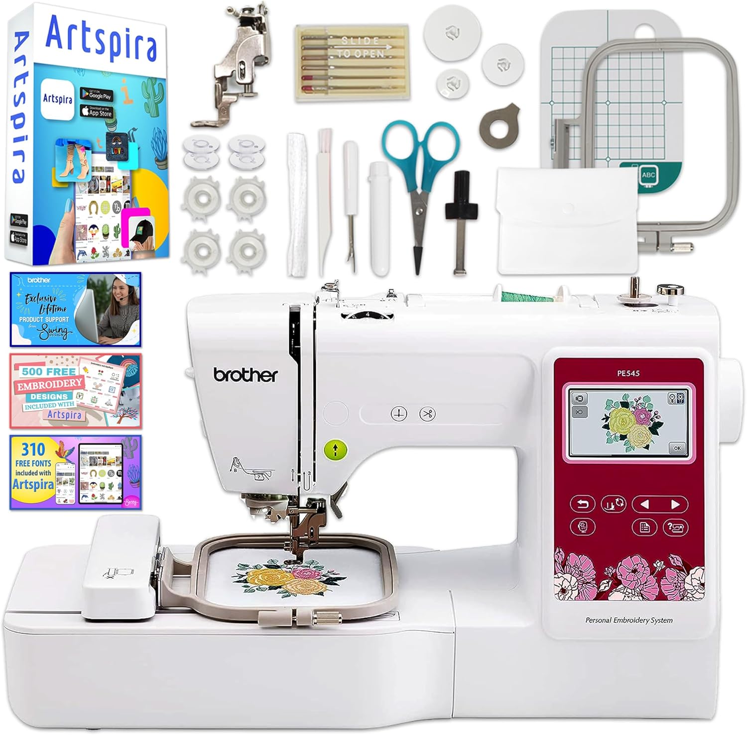 Brother PE545 4" x 4" Embroidery Machine with with 250+ Accessories including 40 Spools of Embroidery Theads