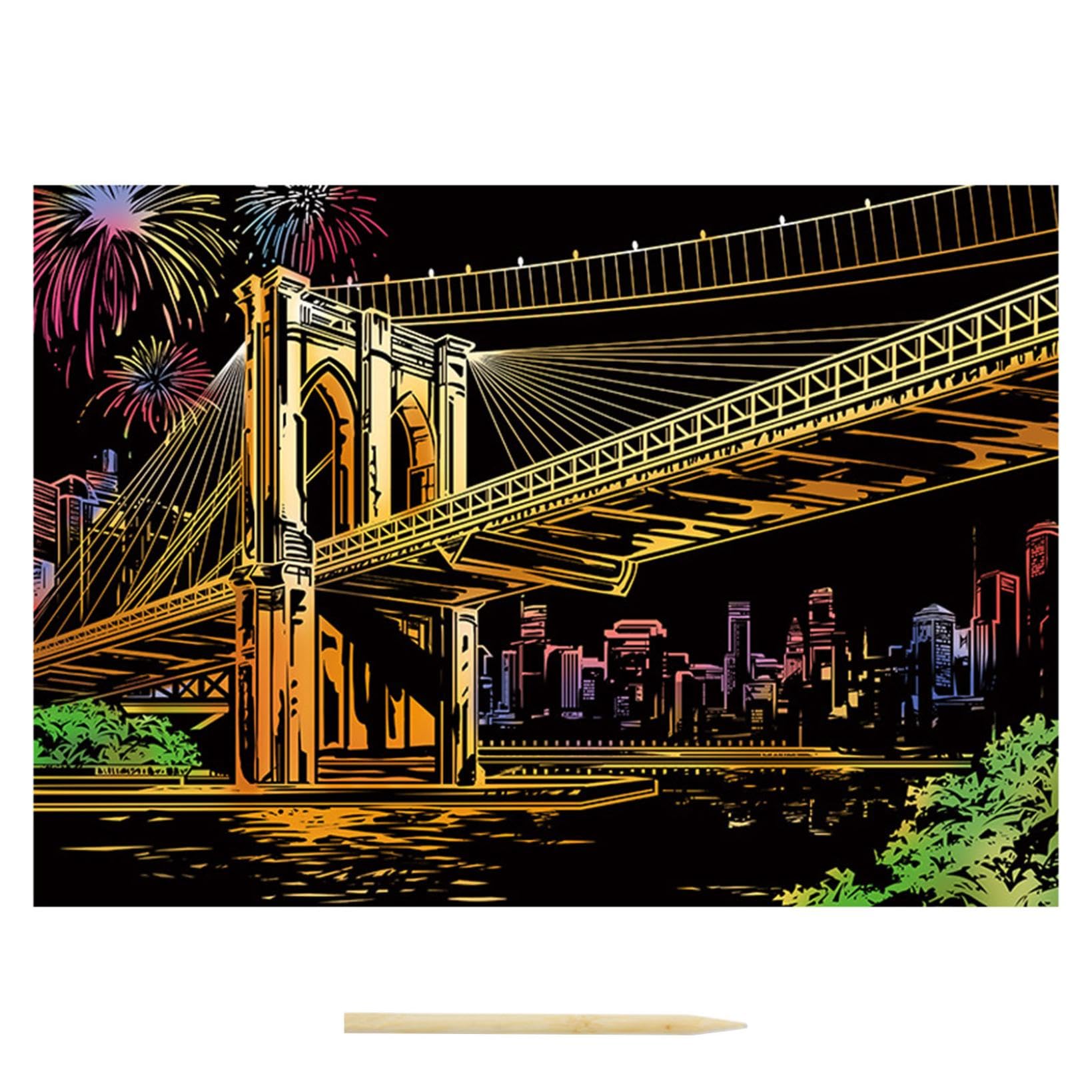 Rainbow Scratch Paper Scratch Art for Kids Adults City Night Scenery Around The World Scratch Art Supplies Creative DIY Sketch Sheets Party Favor Christmas Birthday Gift (Brooklyn Bridge)