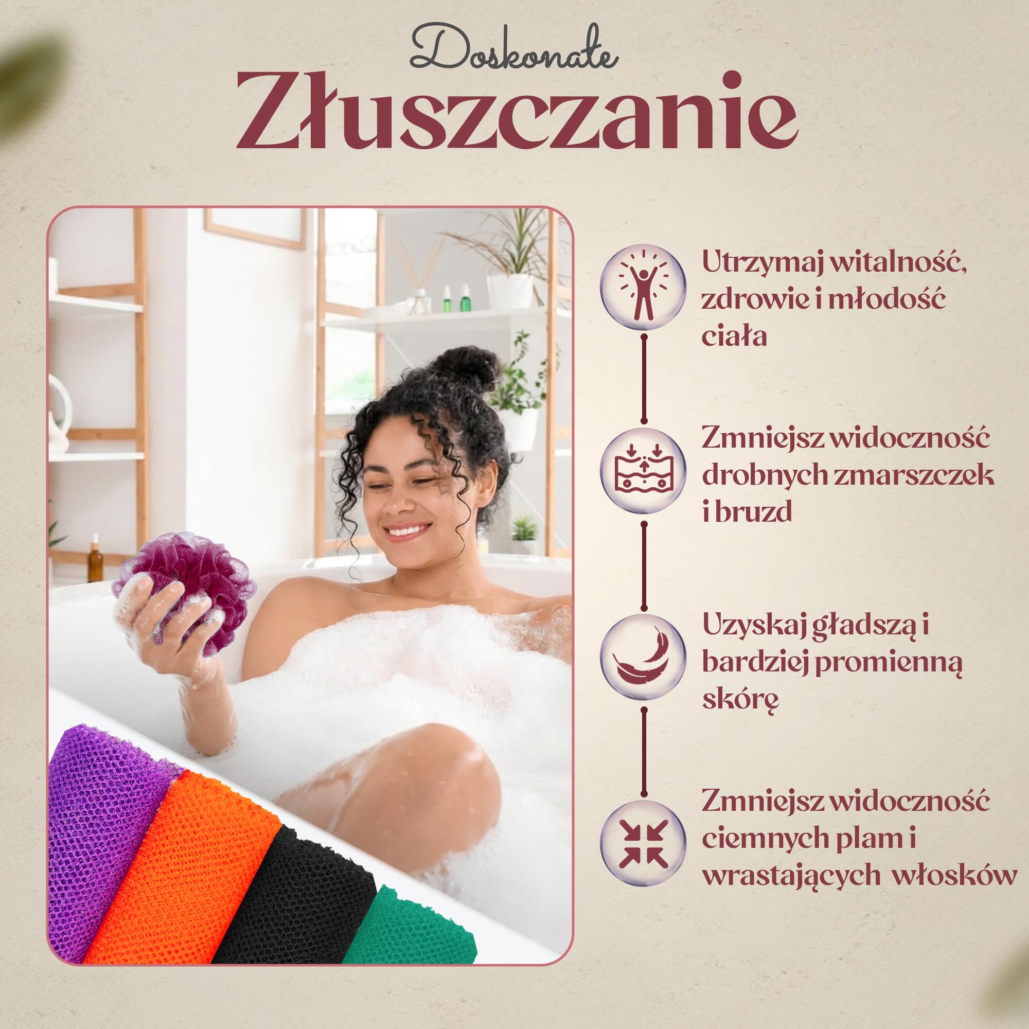Autentyczna afrykańska gąbka siatkowa z Ghany ze sznurkiem do zawieszenia Długa gąbka peelingująca do ciała i pleców Idealna do codziennej kąpieli i prysznica (Fioletowy)
