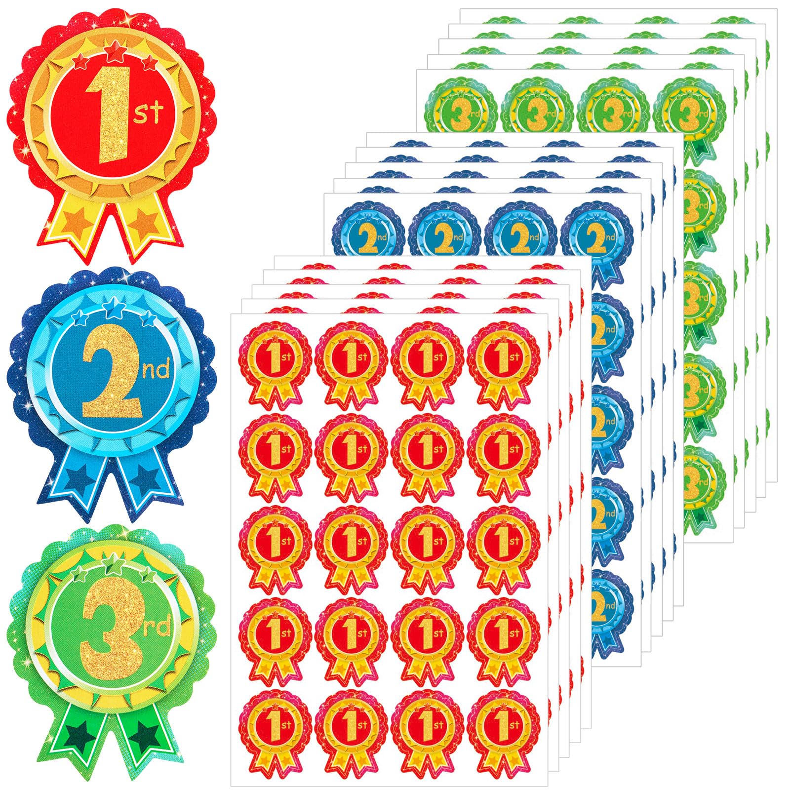 Tenare 300 Sports Day Stickers for Kids, 240 Star Animal & 60 1st 2nd 3rd Participation Rosette Award Stickers for School PE for Events Competitions and Classroom Rewards(Number Style)