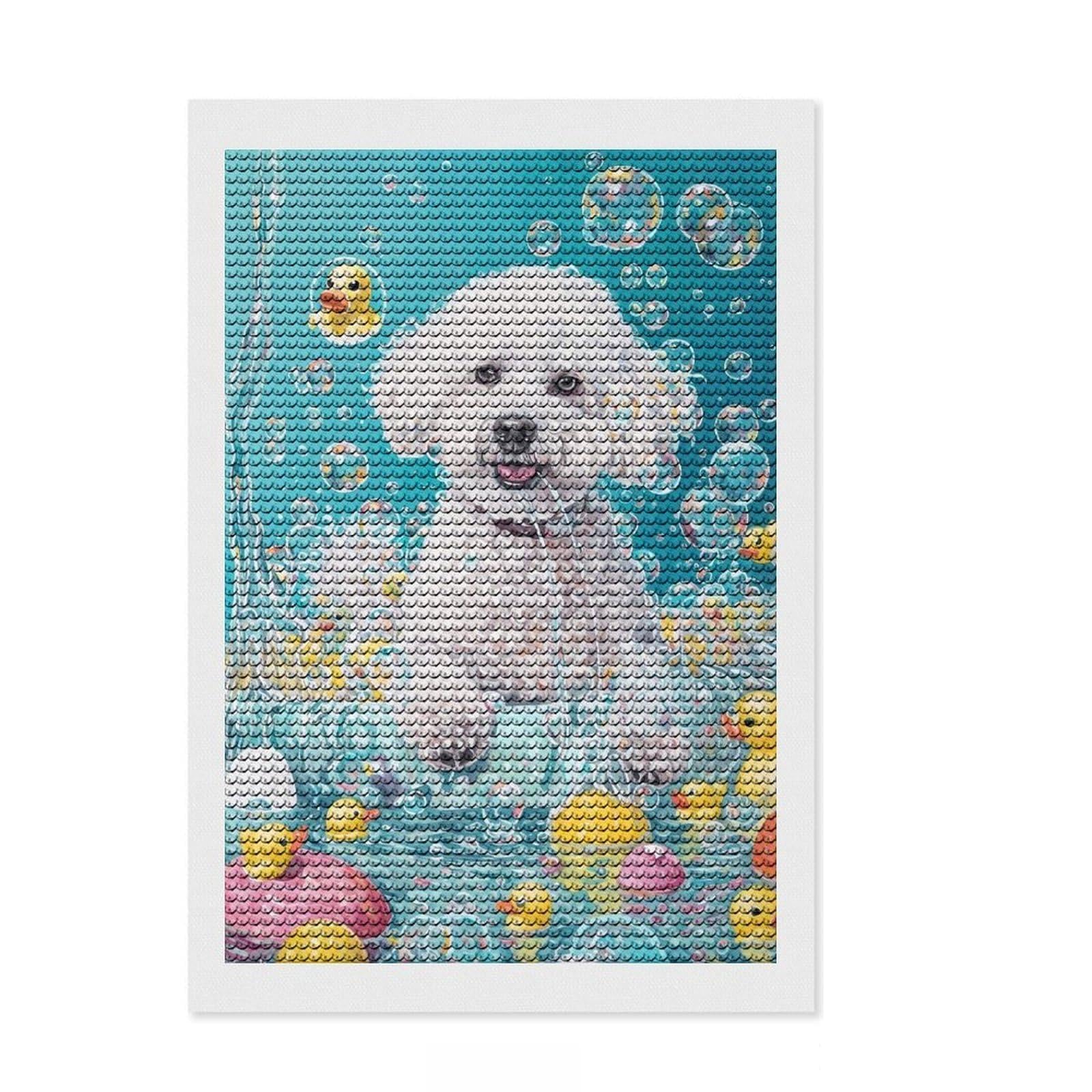 Junmoney Bichon Frise Dog Diamond Painting Kit 8"x12", Good for Quiet Evenings, Mindful Craft Activity, Living Room Decor, Gift Idea