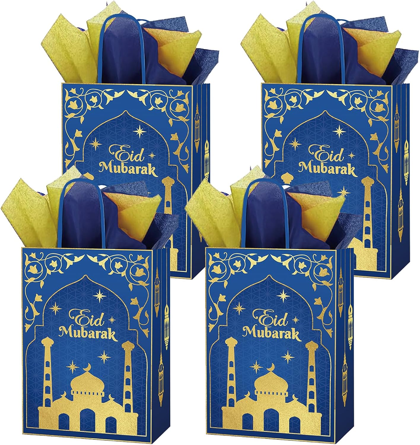 Whaline 24Pcs Eid Mubarak Gift Bags with 30 Sheets Tissue Paper Ramadan Paper Gift Bags with Handles Black Gold Candy Treat Bags for Islamic Holiday Party Favors Supplies