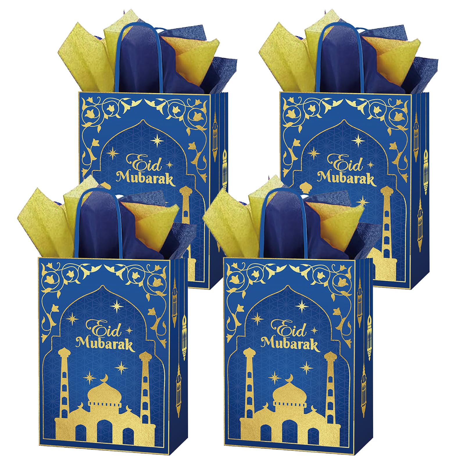 Whaline 50 Stück Eid Mubarak Partygeschenktüten – Mit Griffen, Blau/gold, Für Süßigkeiten & Kleine Geschenke, 16,5 X 24,9 Cm