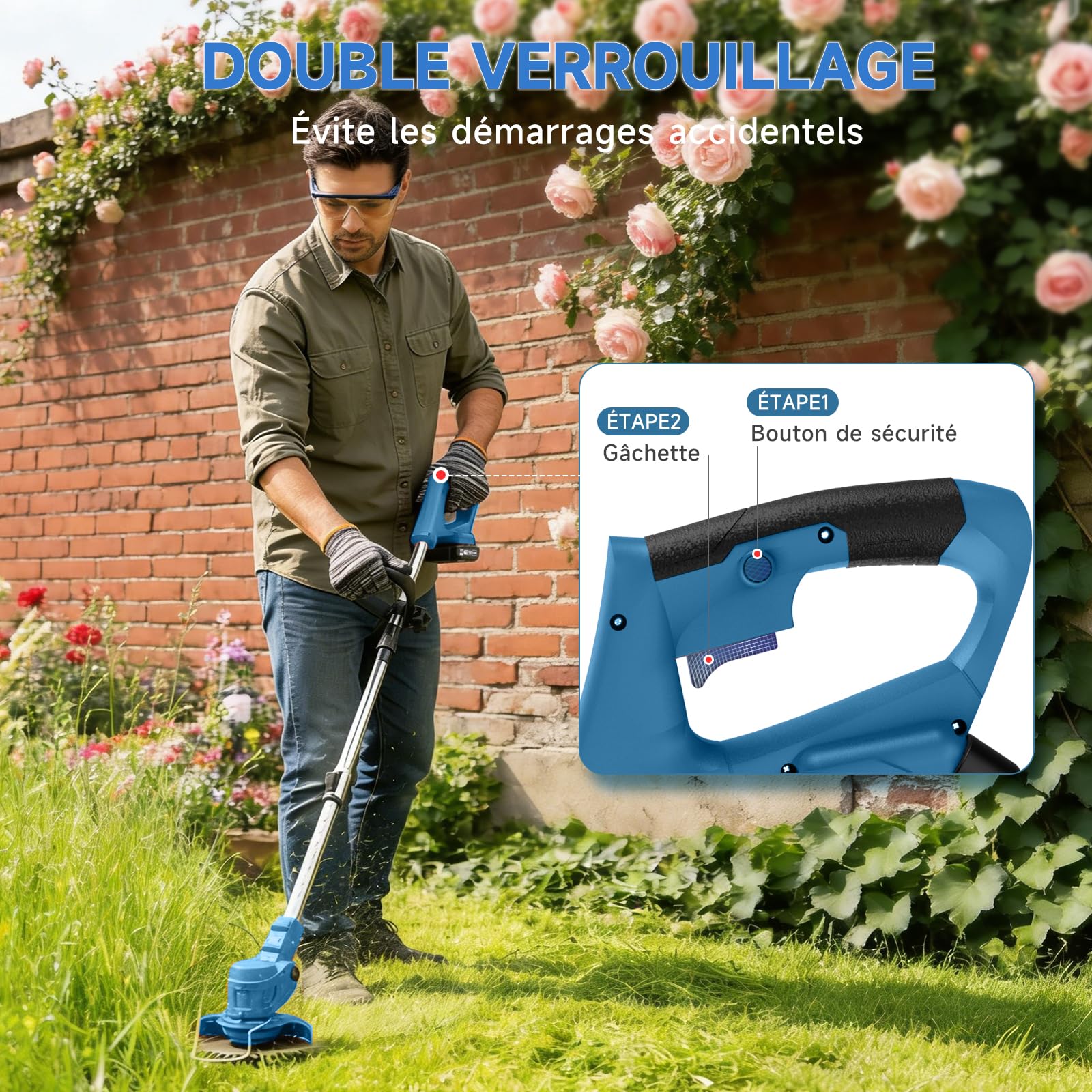 Debroussailleuse Electrique sans Fil 850W Rotofil Batterie 1.8kg Pliable 60cm Manche Telescopique 2X 2000mAh 26 Lames 4 Types pour Entretien Jardin (Bleu Encre)
