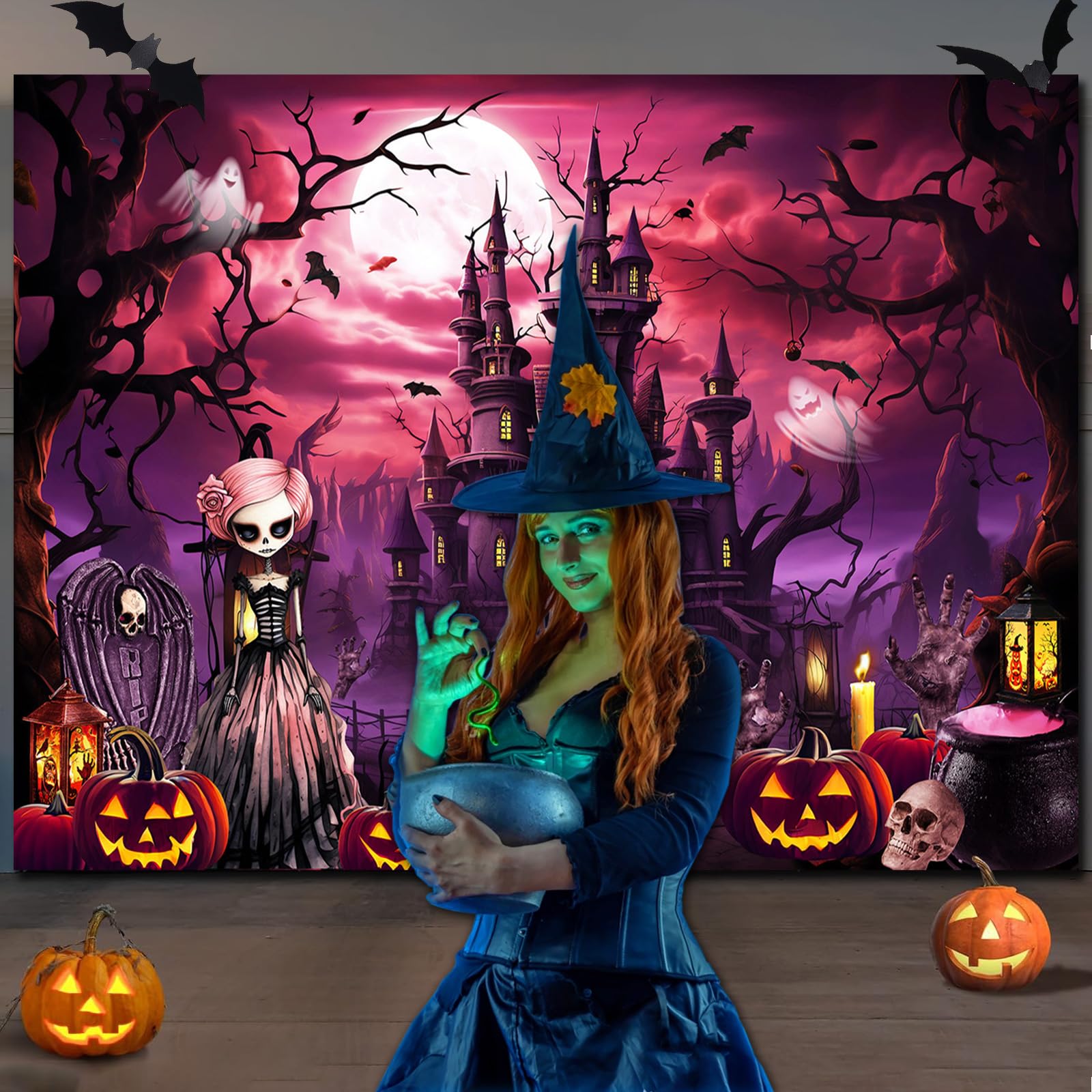 Fondo De Fotografía De Halloween - Diseño De Brujas, Fantasmas Y Calabazas, Tamaño 240x180 Cm, De Vinilo Ligero
