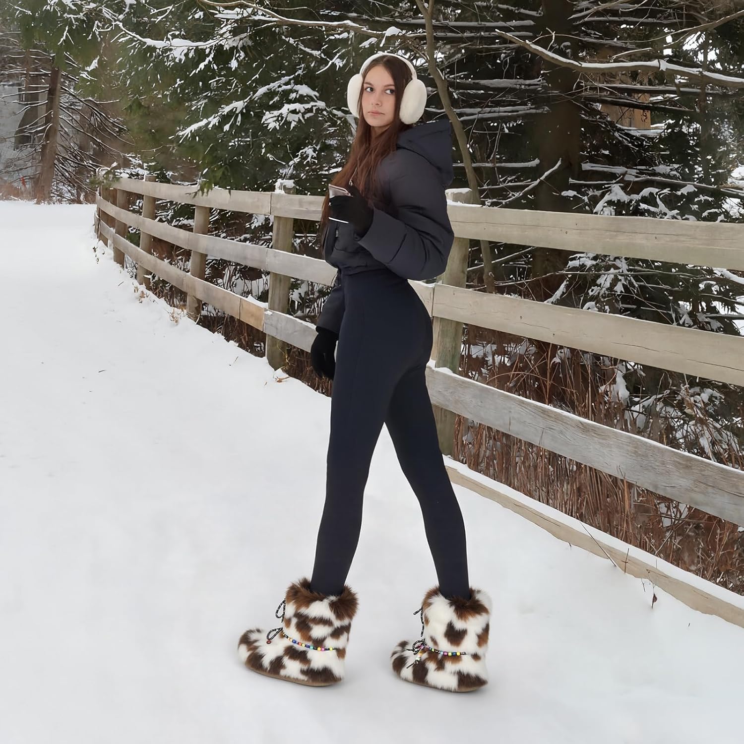 Women Snow Boots Faux Fur Mid Calf Boots Lace-up Fluffy Fuzzy Warm Comfortable Non-slip Round Toe Winter Flats Shoes