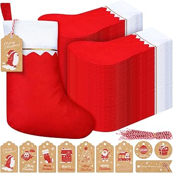 MiniInflat 300 Pcs Christmas Stockings Bulk Set Include 100 10 Inch Felt Stockings with 100 Name Tag and Rope Xmas Hanging Stock for Tree Home Party DecorationBright Color