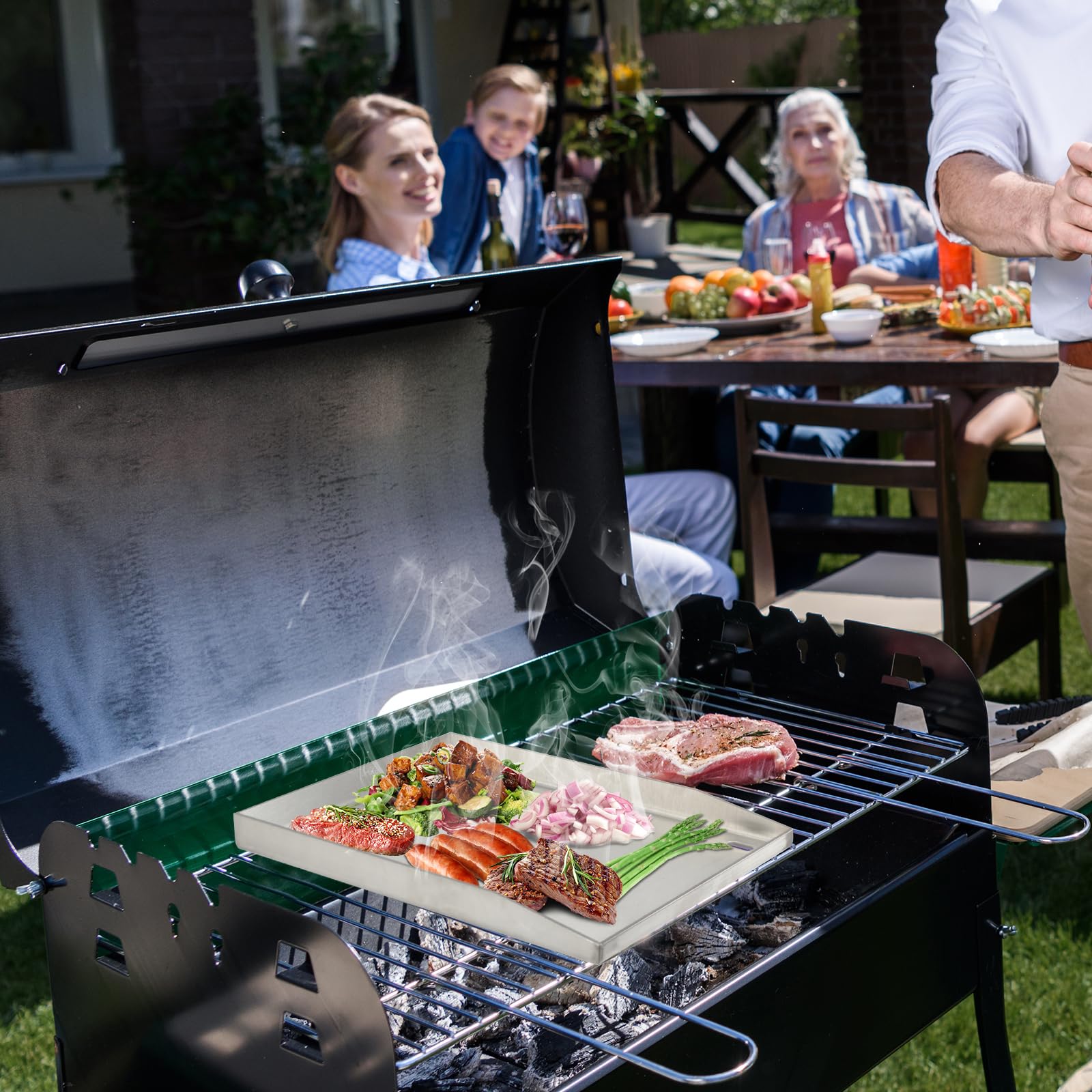 WELL GRILL Plancha Grillplatte Edelstahl 4mm für Gasgrill & Holzkohlegrill, 40 x 30cm BBQ Plancha Grillplatte mit Grillspachtel Set, Rundum Auslaufen