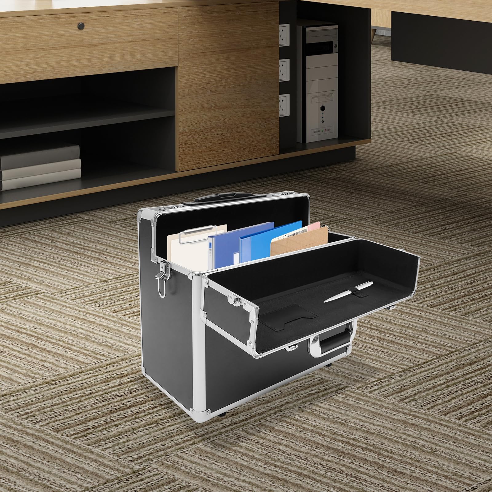Aktenkoffer Rollbarer Businesstrolley Abschließbarer Aktenbox Pilotenkoffer 48,5 * 23 * 39cm aus Aluminiumlegierung mit Teleskopstange - Schwarz