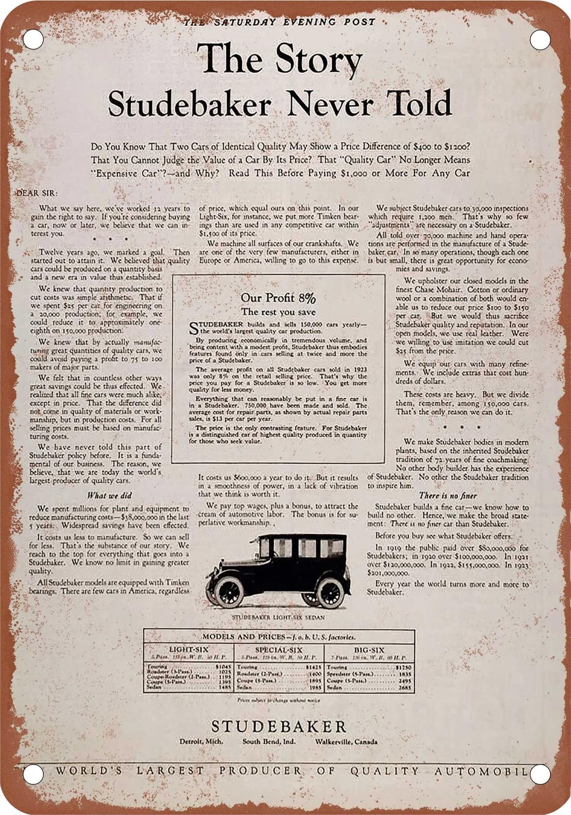 Miaomansenstore Metal Sign - 1924 Studebaker Vintage Ad 01 - Old Retro Rusty Look Home Decor