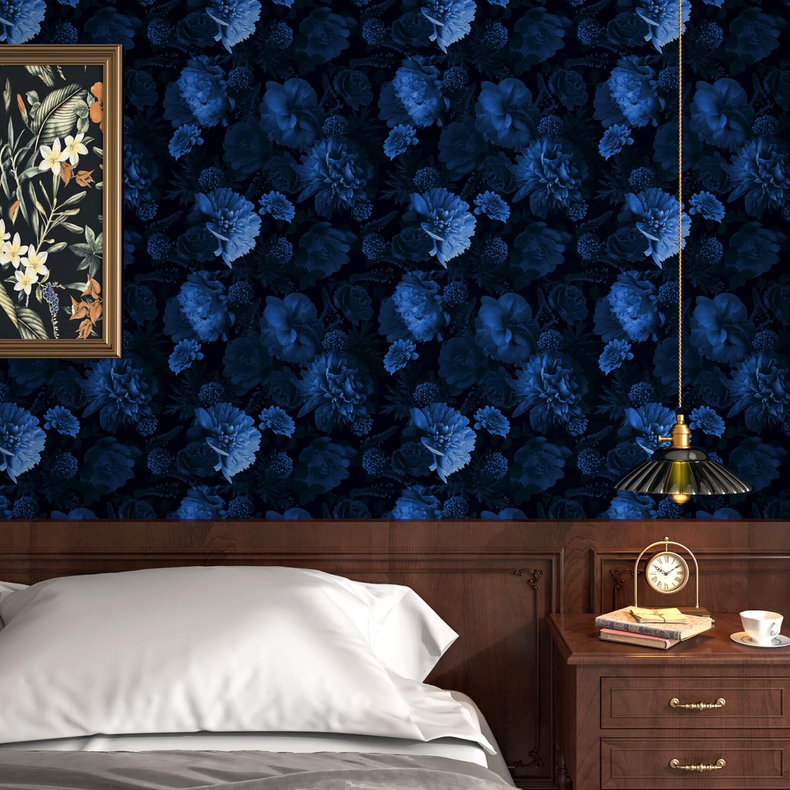 FunStick 44.5CM×9M Papel Pintado Autoadhesivo Azul Oscuro Papel Autoadhesivo Pared Flores Fotomural Vinilo Adhesivo Pared 3D Azul Marino Rosas Papel Decorativo Adhesivo para Muebles Dormitorio Armario