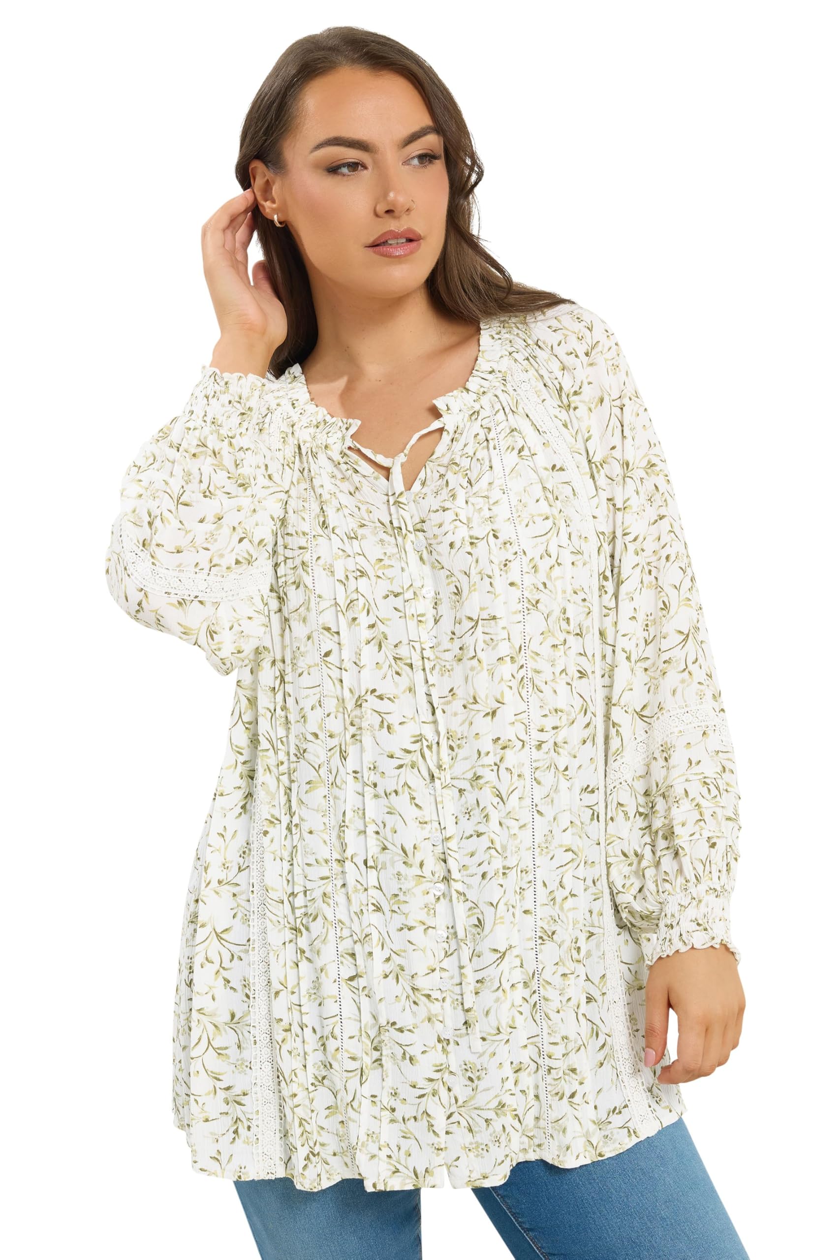 Yours Women's Ivory Leaf Print Tie Neck Top In Size 22-24