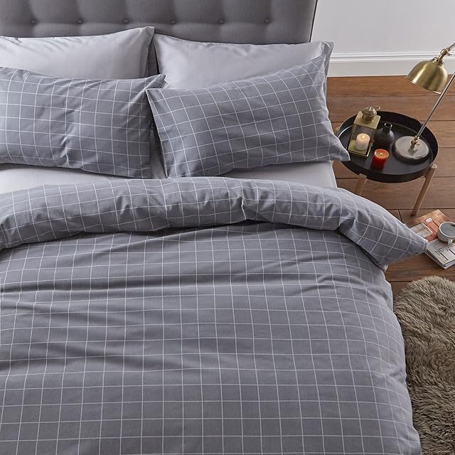Silentnight 100% Brushed Cotton Classic Check Smoke Grey Super Soft Easy Care Cotton Duvet Cover Quilt Bedding Set - Super King (220cm x 260cm) + 2 Matching Pillowcase