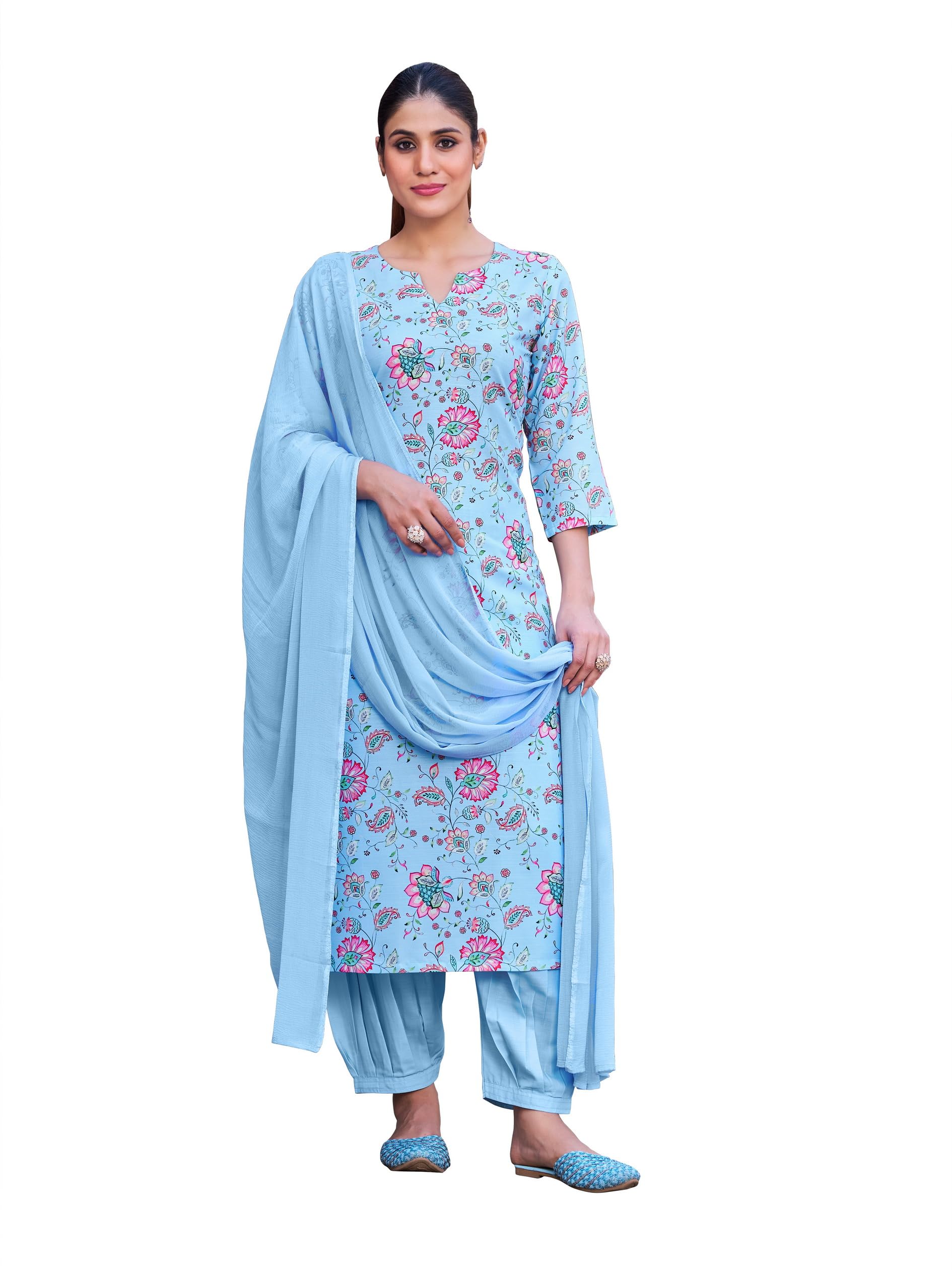 Women's Sky Blue Self Design Viscose Rayon Boat Neck Kurta,Trousers with Dupatta (217TBD_Sky Blue)-image-1