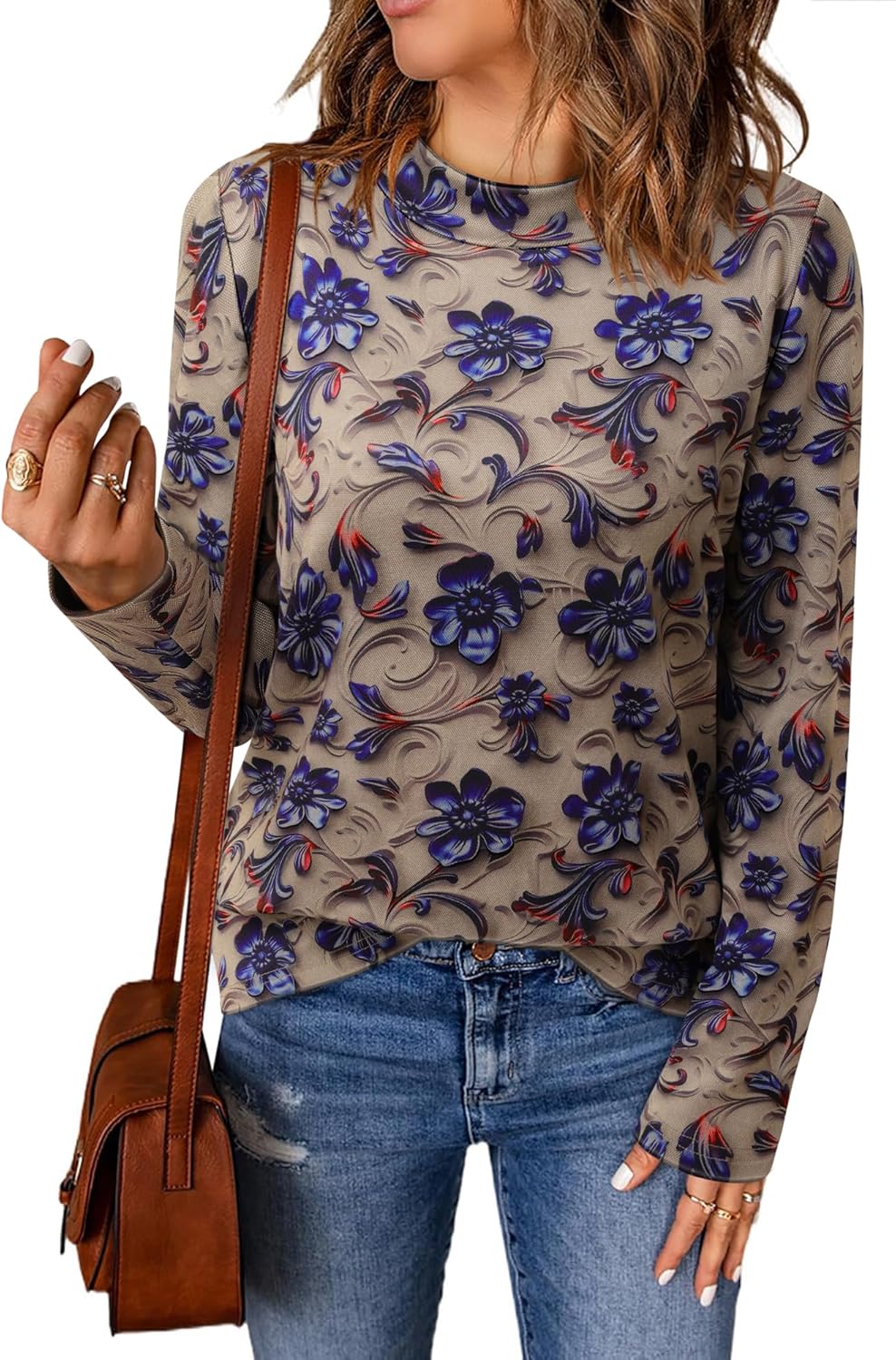 Bebonnie Women Long Sleeve Mock Neck Thick Warm Sweater Shirts Floral Stretchy Thermal Winter Blouses