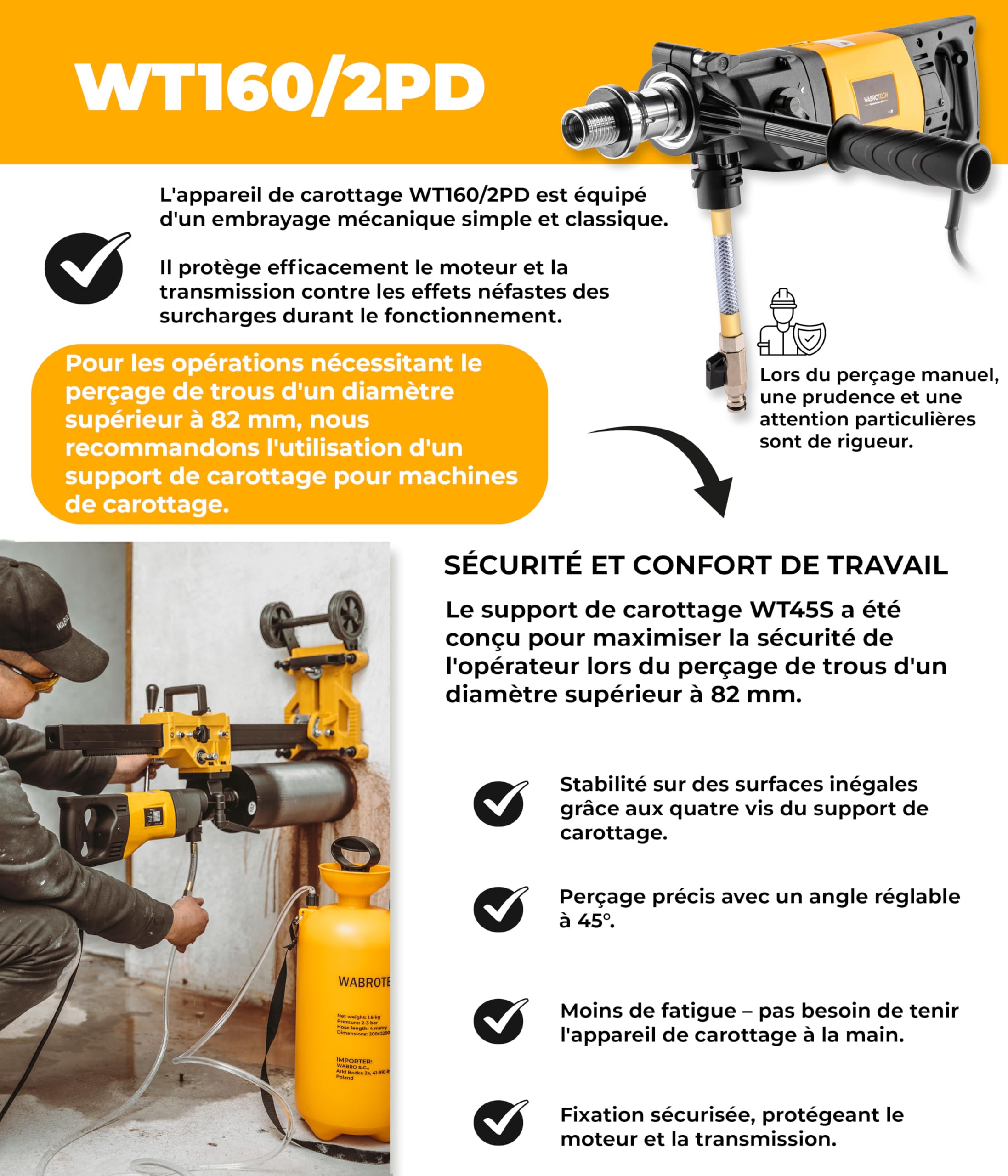 Carotteuse à Main avec Le Micro-Impact ⌀22-202 mm - Carotteuse à Diamant 2340 TR/MIN - Appareil de Forage Portatif au Diamant à 2 Vitesses pour Forage à Sec et à Eau 1900 W - Perceuse 6 kg