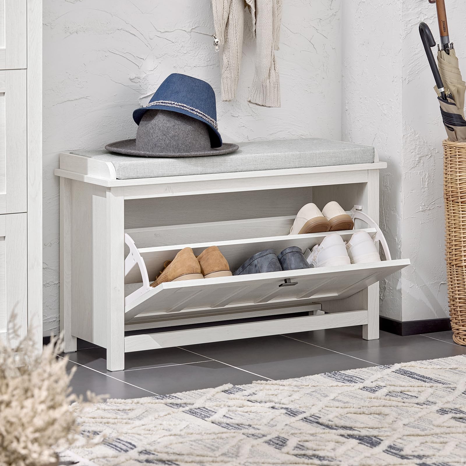 SoBuy Panca scarpiera con anta e ripiani 80x29x50cm per ingresso | Cassapanca contenitore con seduta, anta laterale e 2 ripiani regolabili, MDF/PB, carico 150kg, bianco FSR161-W