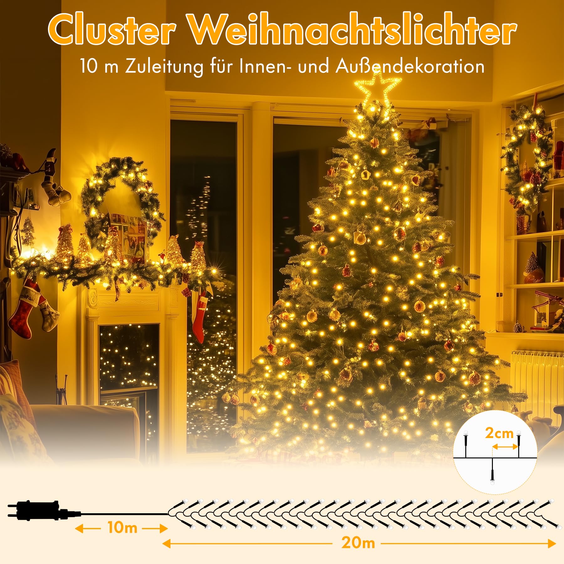 MAGGIFT LED Lichterkette Außen - 20m 1000 LED Cluster Lichterkette Warmweiß mit Stecker/Fernbedienung/8 Modi/Timer/Dimmbar, Wasserdicht Aussen Büschellichterkette für Innen Outdoor Weihnachtsbaum Deko