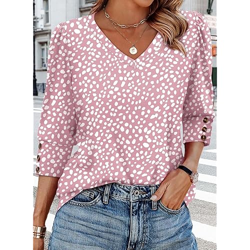 Womens 3/4 Sleeve Tops with Buttons V-Neck Summer Outfits Casual Blouses Shirts Beach Vacation Fall Clothes 2025