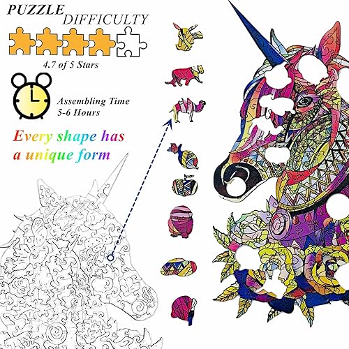 Miniatura 3 de Rompecabezas de madera para adultos, diseño único de unicornio con forma de animales mágicos, el mejor regalo para adultos, se puede utilizar como