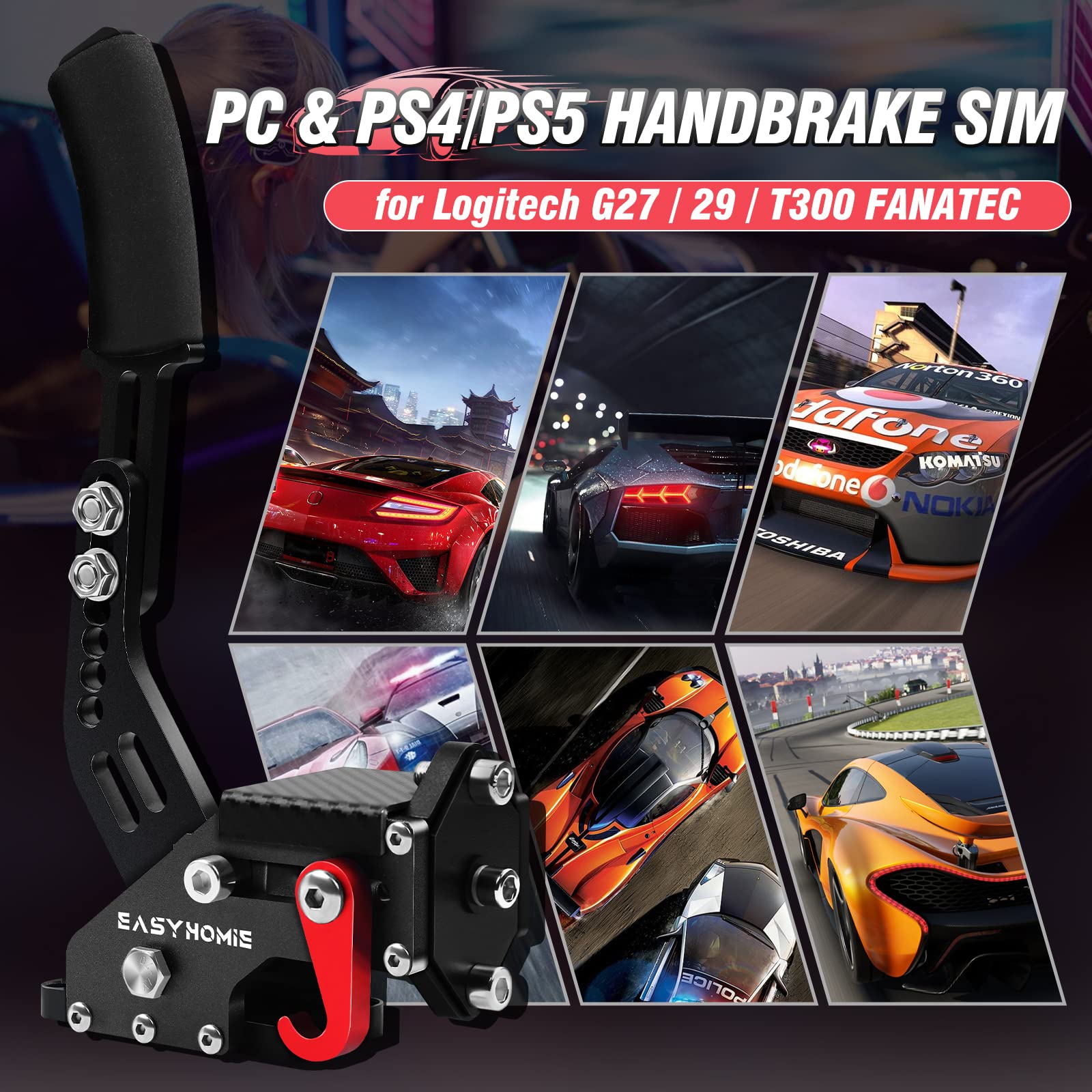 Aufgerüstet USB Handbremse mit Feste Basis, Einstellbare Spielhandbremse mit Hoher Präzision, Geeignet für PS4/PS5 Logitech G29 & PC Logitech G27 / G29 / T300 FANATEC (Schwarz)