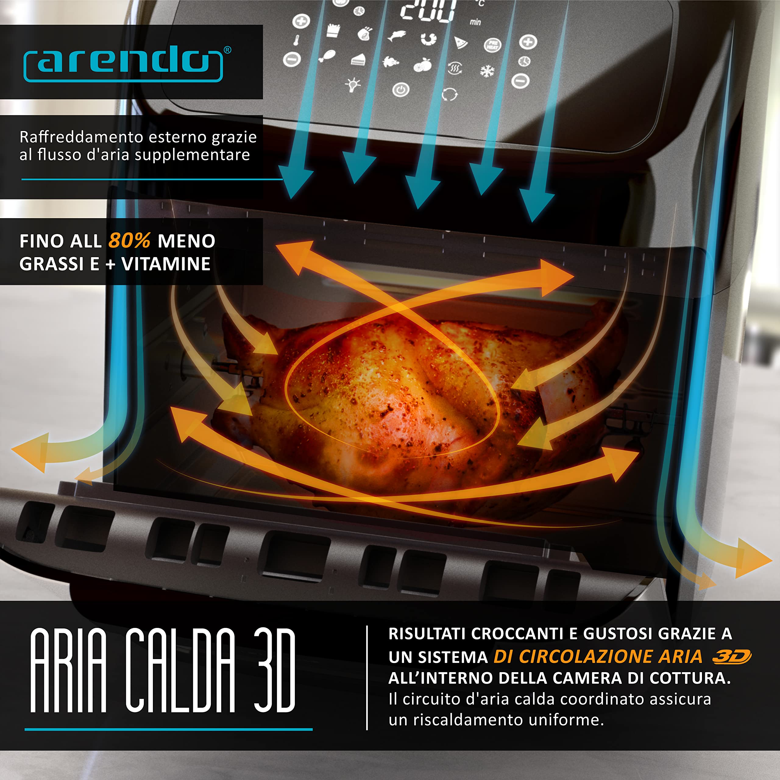 Arendo - Friggitrice ad aria calda da 12 litri - Mini forno multifunzione - Air Fryer friggitrice rotante - Kebab – Pizza - pollo – 9 Programmi - Senza BPA
