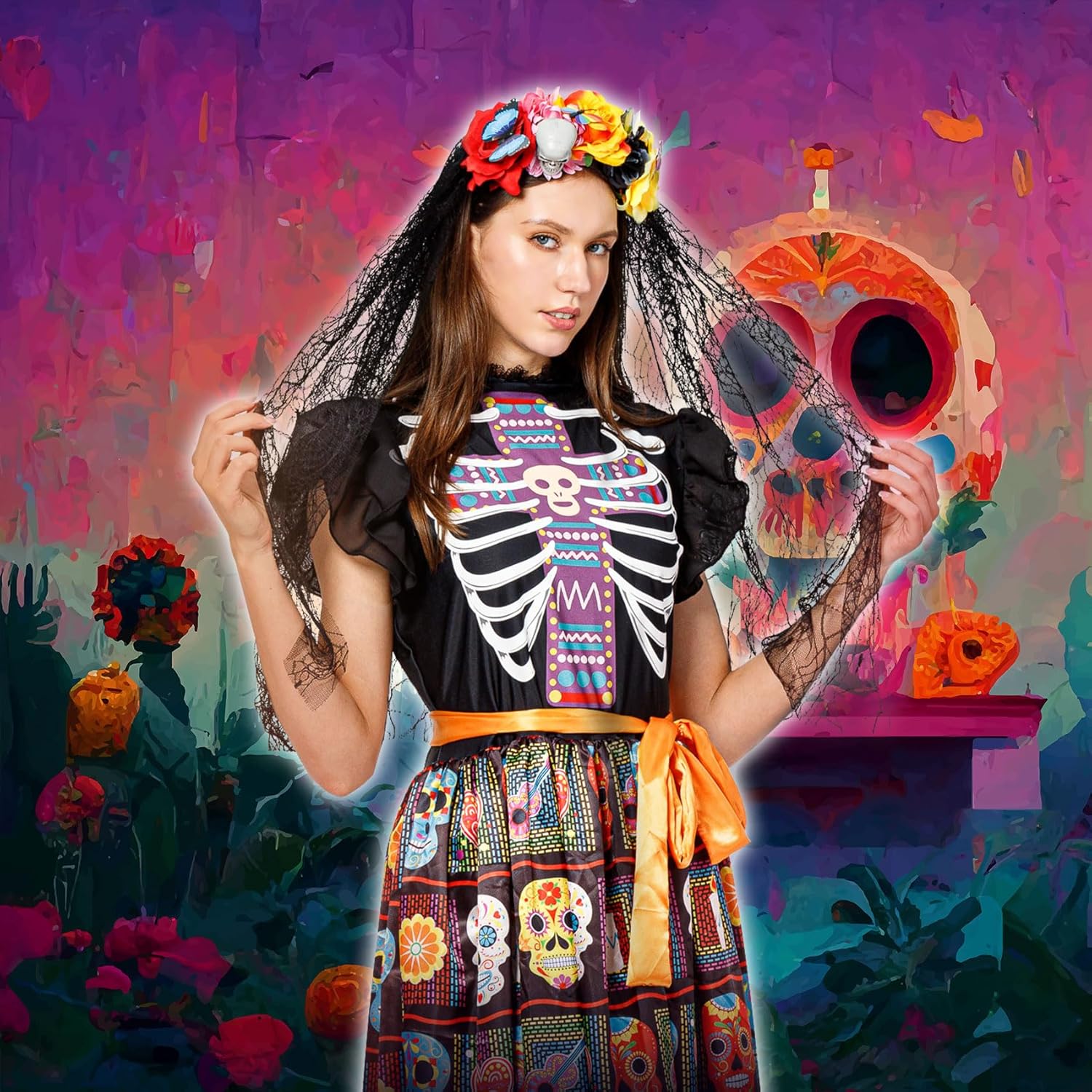 Funnlot Day of The Dead Costumes Women Skull Dress Skeleton Costume for Women Halloween Dress up with Face Tattoos - Image 6