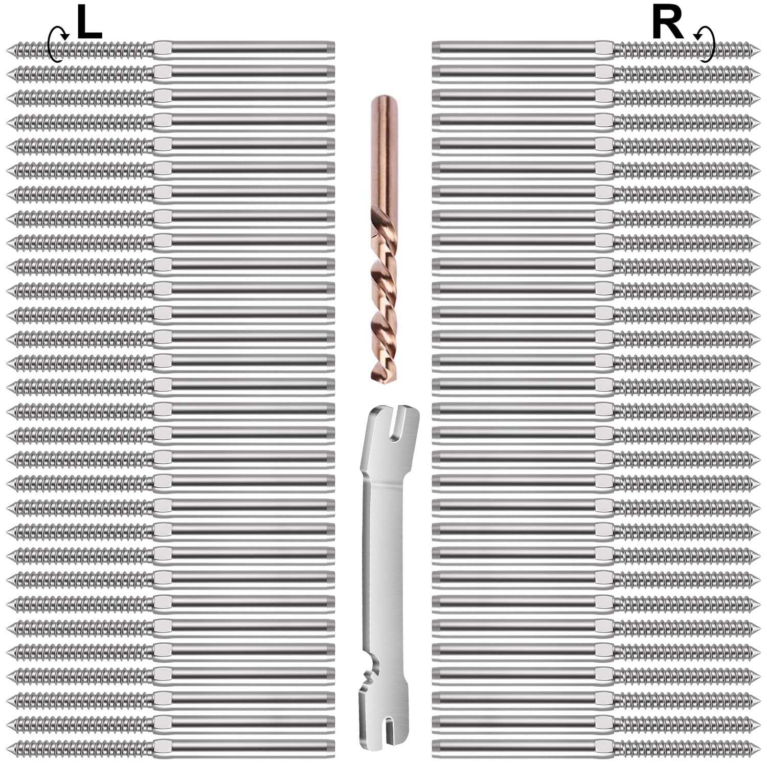 BLIKA 60 Pack 3/16" Swage Lag Screws Left & Right, T316 Stainless Steel Deck Cable Railing Hardware, 3/16" Handed Thread Swage Lag Screws for Wood