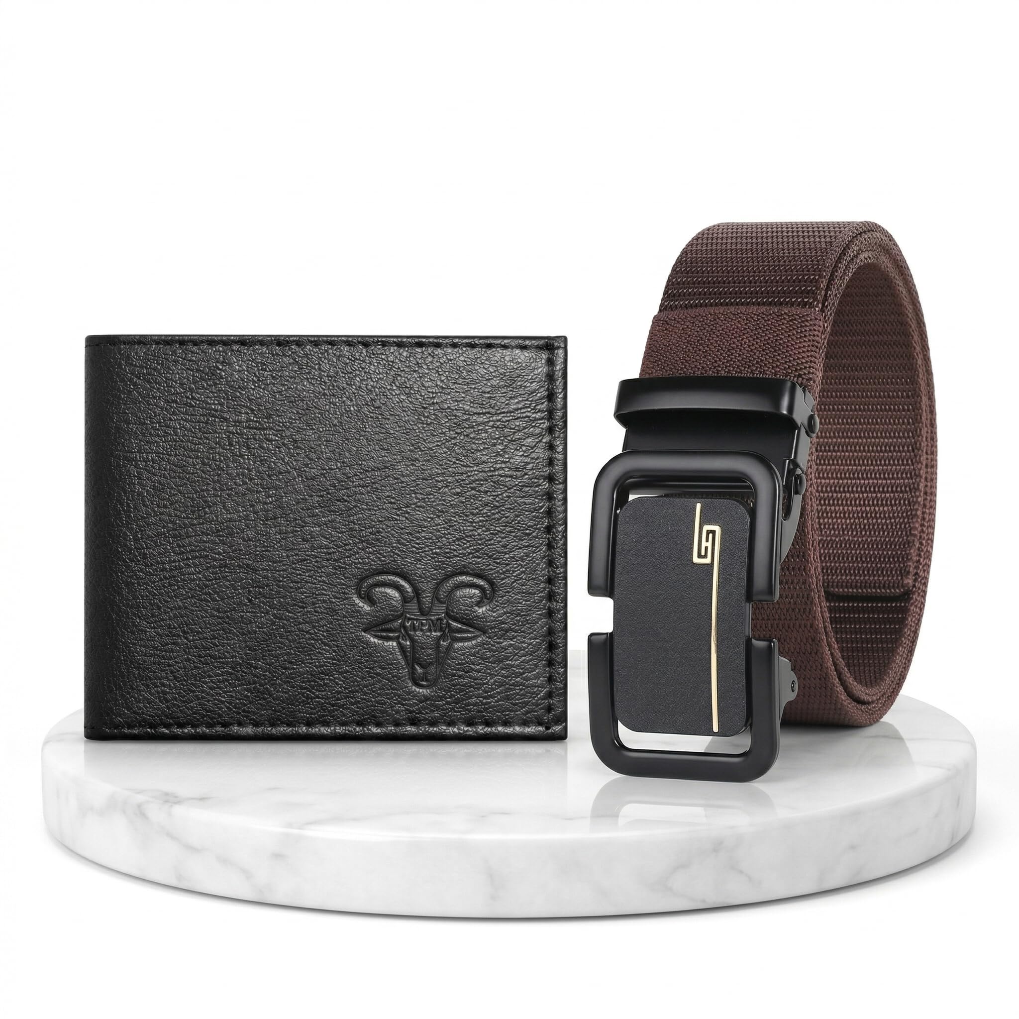 Classic Black Faux Leather Wallet & Brown Web Belt Combo | Sleek Black Buckle with Logo-image-21