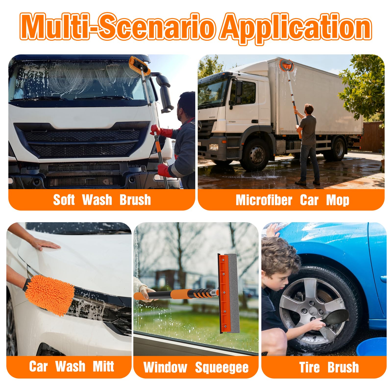 LAANPOLE Cepillo de Lavado de Coche con Mango Largo 3,6m, Kit de Limpieza de Coche con Cepillo de Cerdas Suaves, Mopa de Microfibra, Magenera de Ventanas, Manopla, Cepillo para Rines para Autocaravana