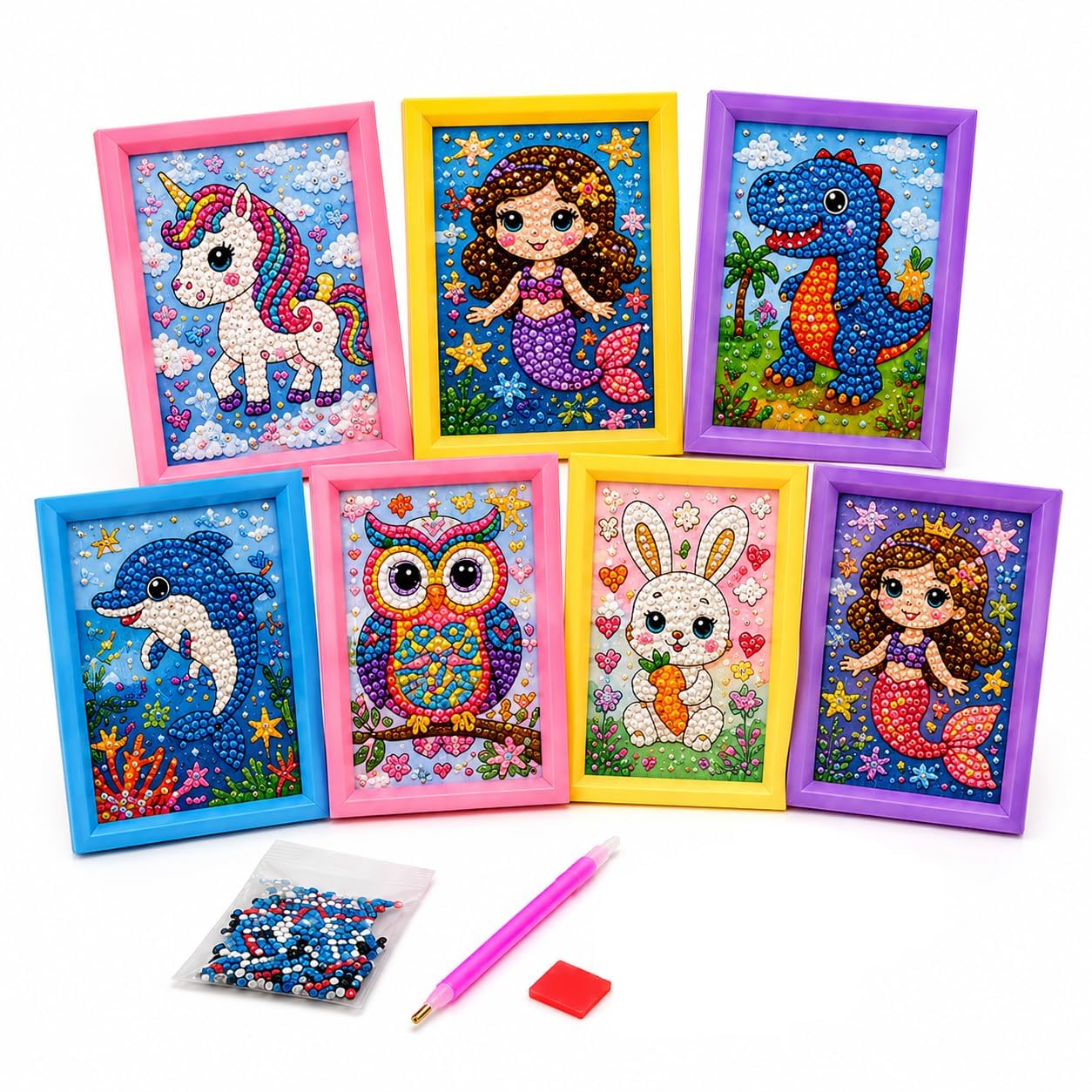 Silverflix 7 PCS Diamond Painting Kit for Kids | DIY 5D Diamond Art & Craft Kit with Crystal Gems, Painting Pen, Wax, Tray & Display Frames | Educational Learning Activity Set | Birthday & Return Gift for Girls & Boys-image-5