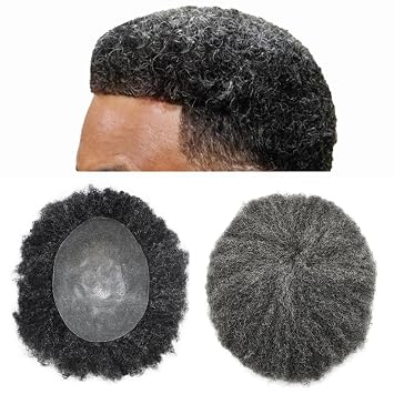 Hair Unit for Black Men Afro Toupee Curly Hair Replacement System Hair Piece African American Man Hairpiece 130# Jet Black With 30% Gray, 6MM Afro Wavy