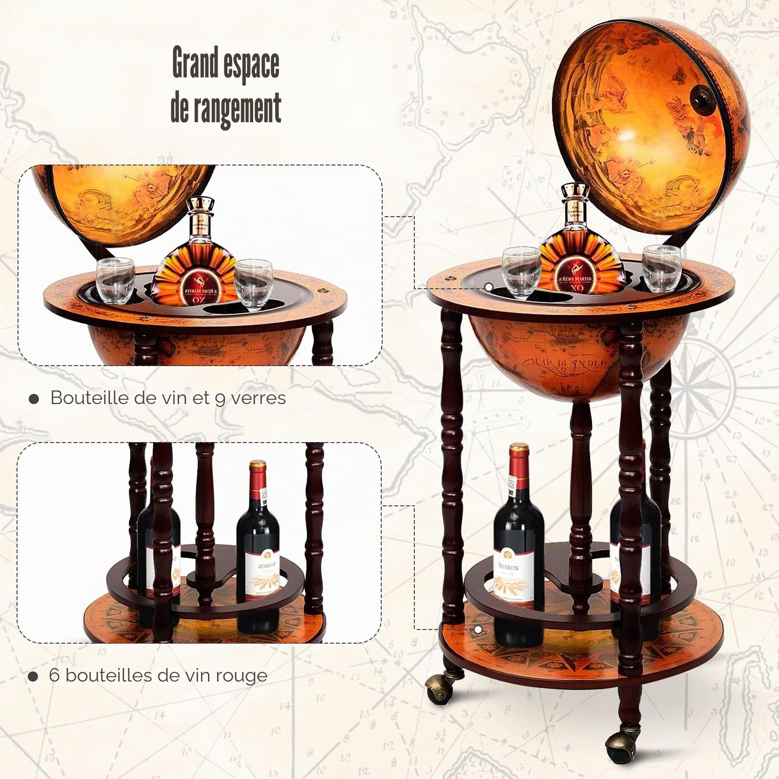 Generisch Bar Globe terrestre en Eucalyptus - Chariot de Bar avec roulettes - Style rétro - pour Verres à vin et Bouteilles de vin (Marron)