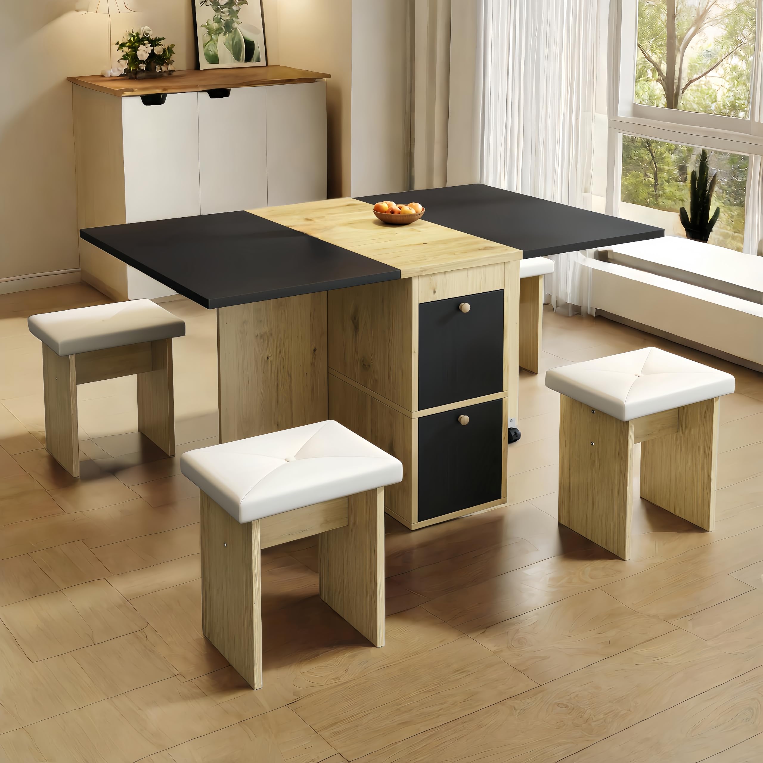 Sapgaks Table de salle à manger extensible 120 x 80 cm avec 4 chaises, pliable, en bois véritable, chêne