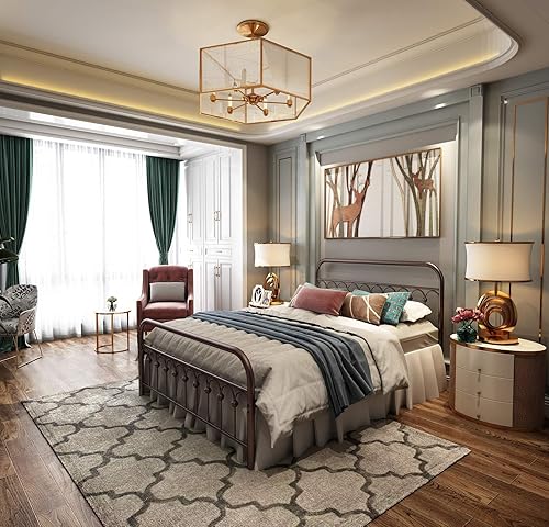 Miniatura 58 de 1730 1710 1707. Marco de cama de metal, tamaño queen, con cabecera vintage y base de plataforma con pie de cama, de hierro forjado. Negro -,Marrón