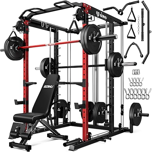 S1-V4 Smith Machine, 2000LBS Power Cage with Cable Crossover System, All-in-One Squat Rack with Smith Bar, Strength Training Equipment for Hone Gym