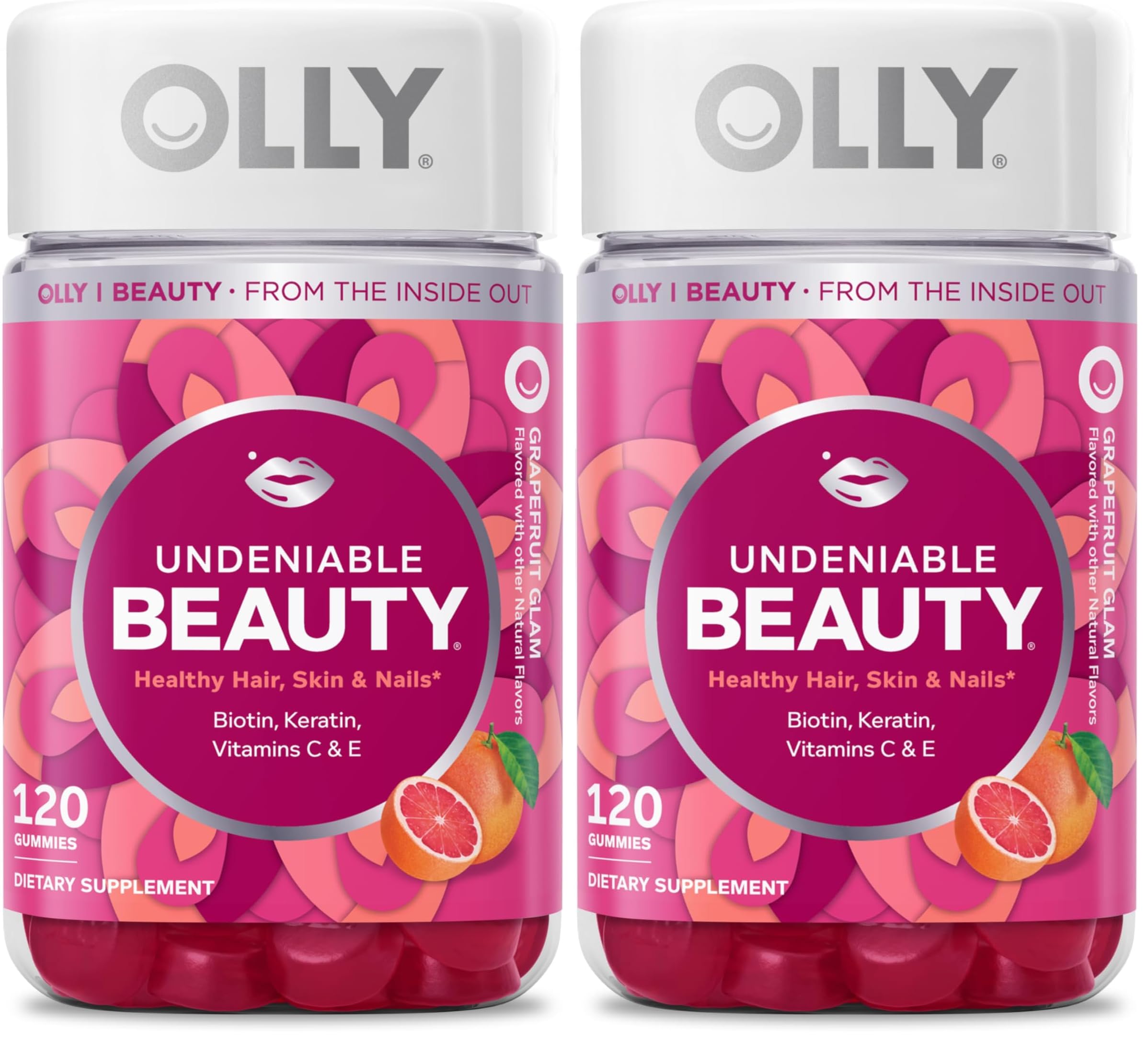 OLLY Undeniable Beauty Gummy, for Healthy Hair, Skin & Nails,* Biotin, Vitamins C & E, Keratin, Chewable Supplement, Grapefruit Flavored, 60 Day Supply -, 120 Count (Pack of 2)