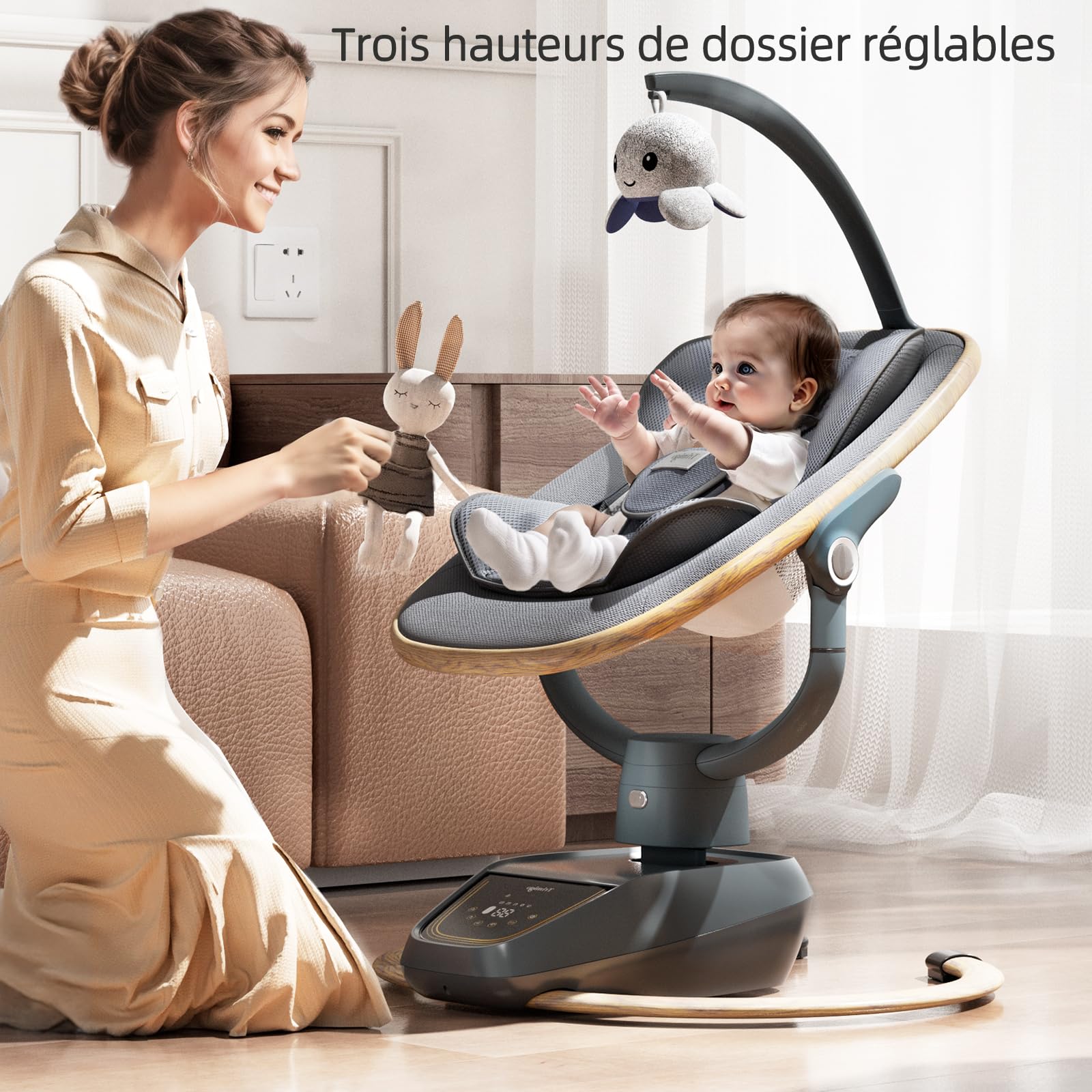 transat bébé électrique 180° réglable 3D, avec télécommande, 5 modes, 4 vitesses, 3 hauteurs de siège, 8 chansons d'apaisement, balancoire bébé 0-12 mois (coloris bois）