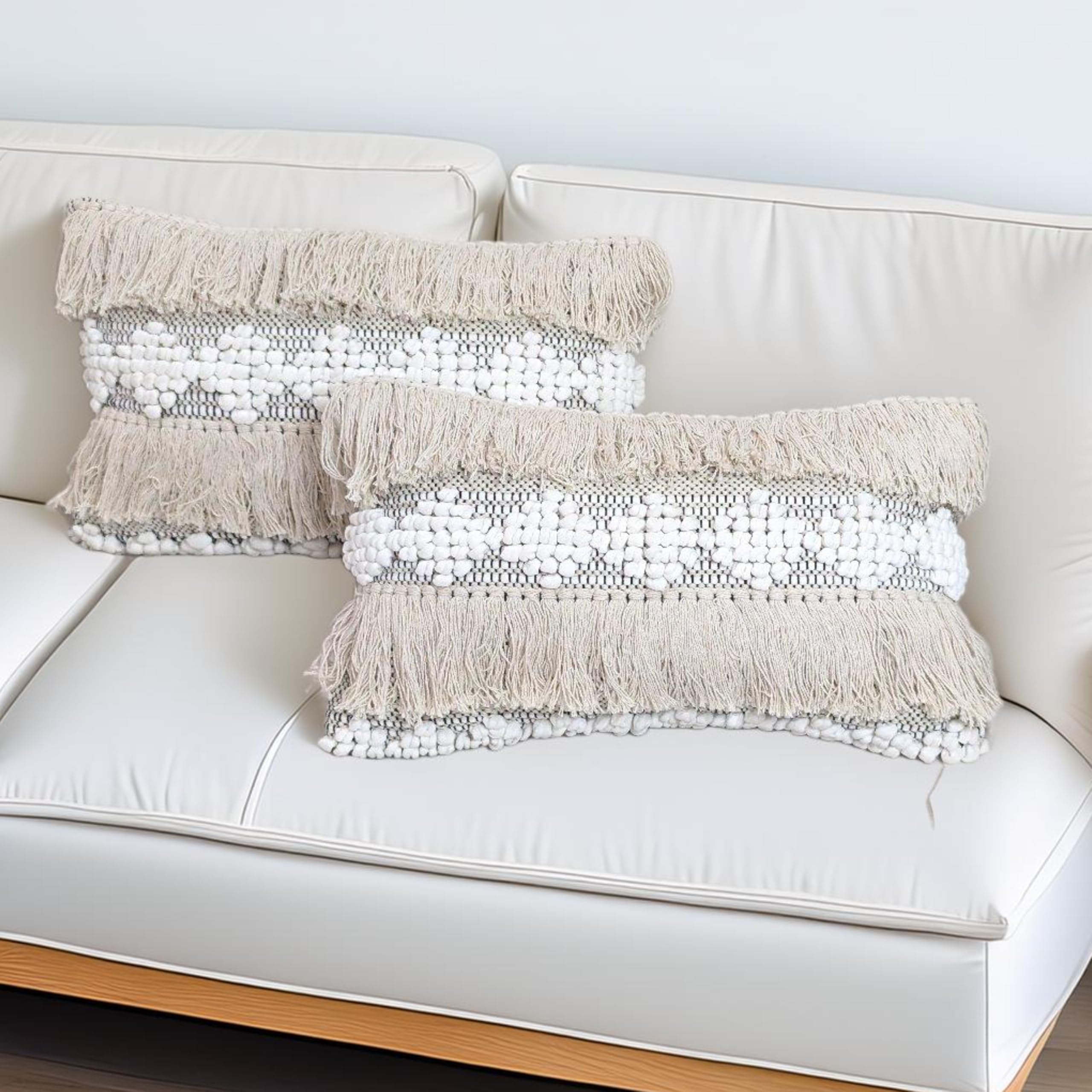 Set of 2 Bohemian Decorative Lumbar Pillow Cover 12x20 Handwoven Cushions Cotton Throw Pillows Cute Boho Fringe Pillow Case for Couch Living Room Sofa Bedroom Designer Pillow (12"X20", Boho)