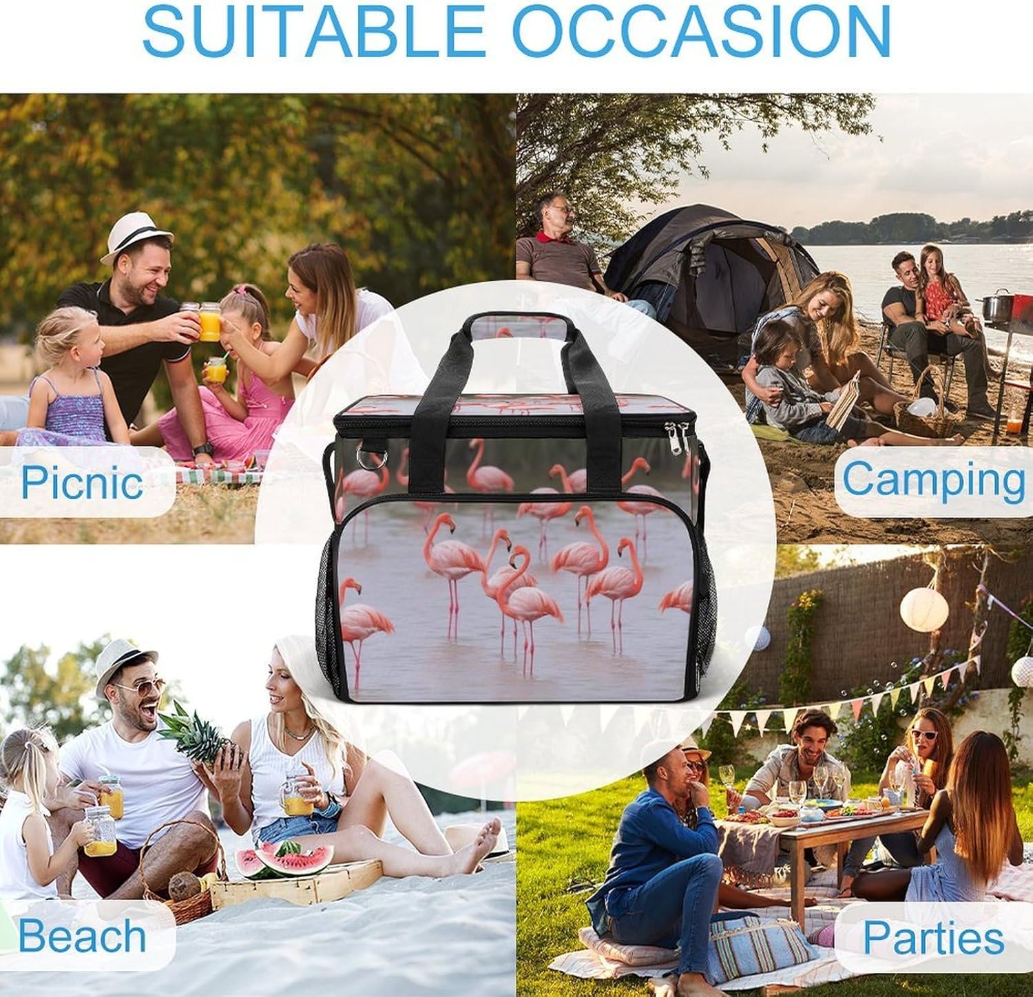 Large Capacity Oxford Cloth Pink Flamingos Printed Camping Ice Bag, Outdoor Portable Insulation and Cooling Bag, Suitable for Outdoor Camping and Picnics